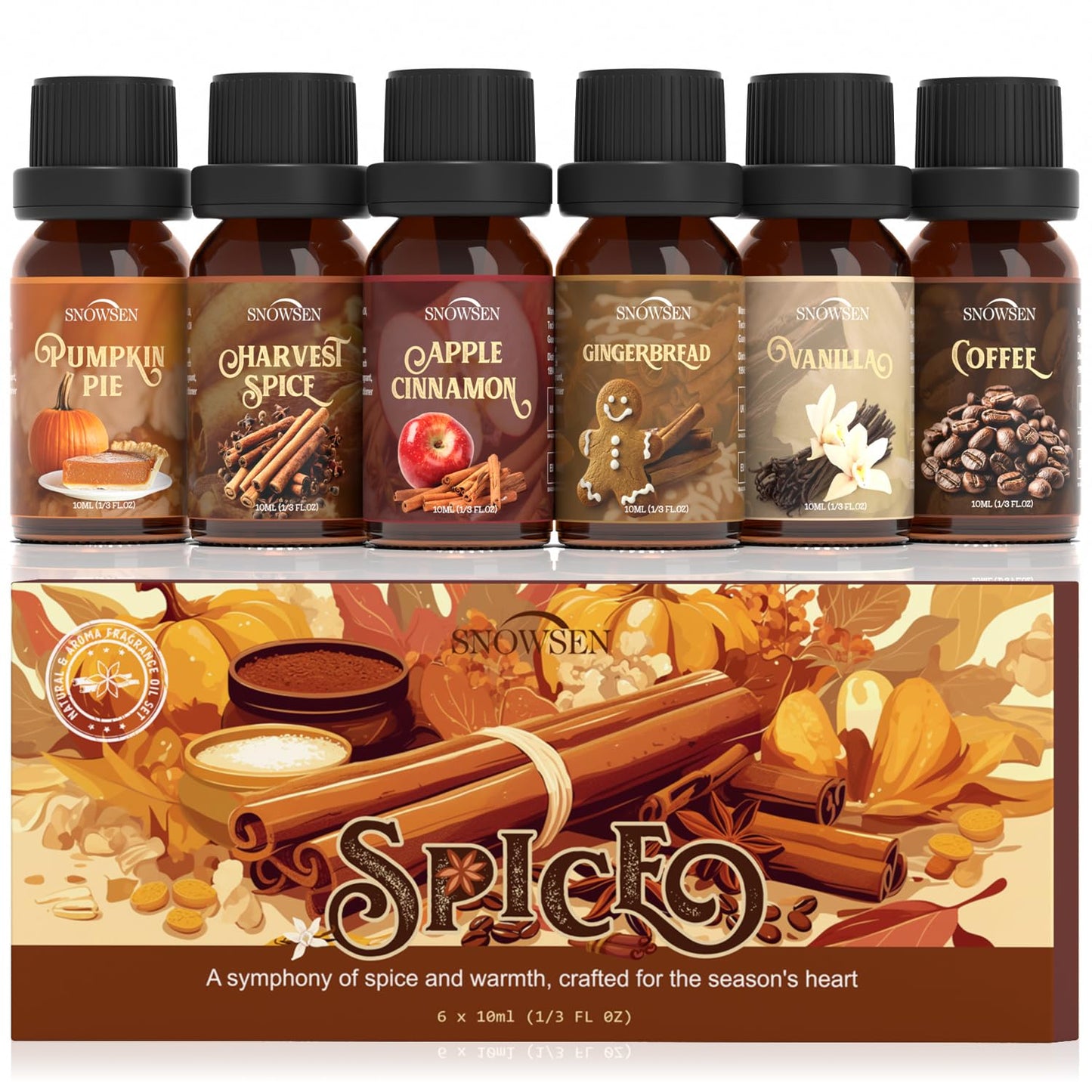 Spice Essential Oils Diffuser Set – SNOWSEN Aromatherapy Gift (Apple Cinnamon, Pumpkin Pie, Gingerbread, Coffee, Vanilla, Harvest Spice)