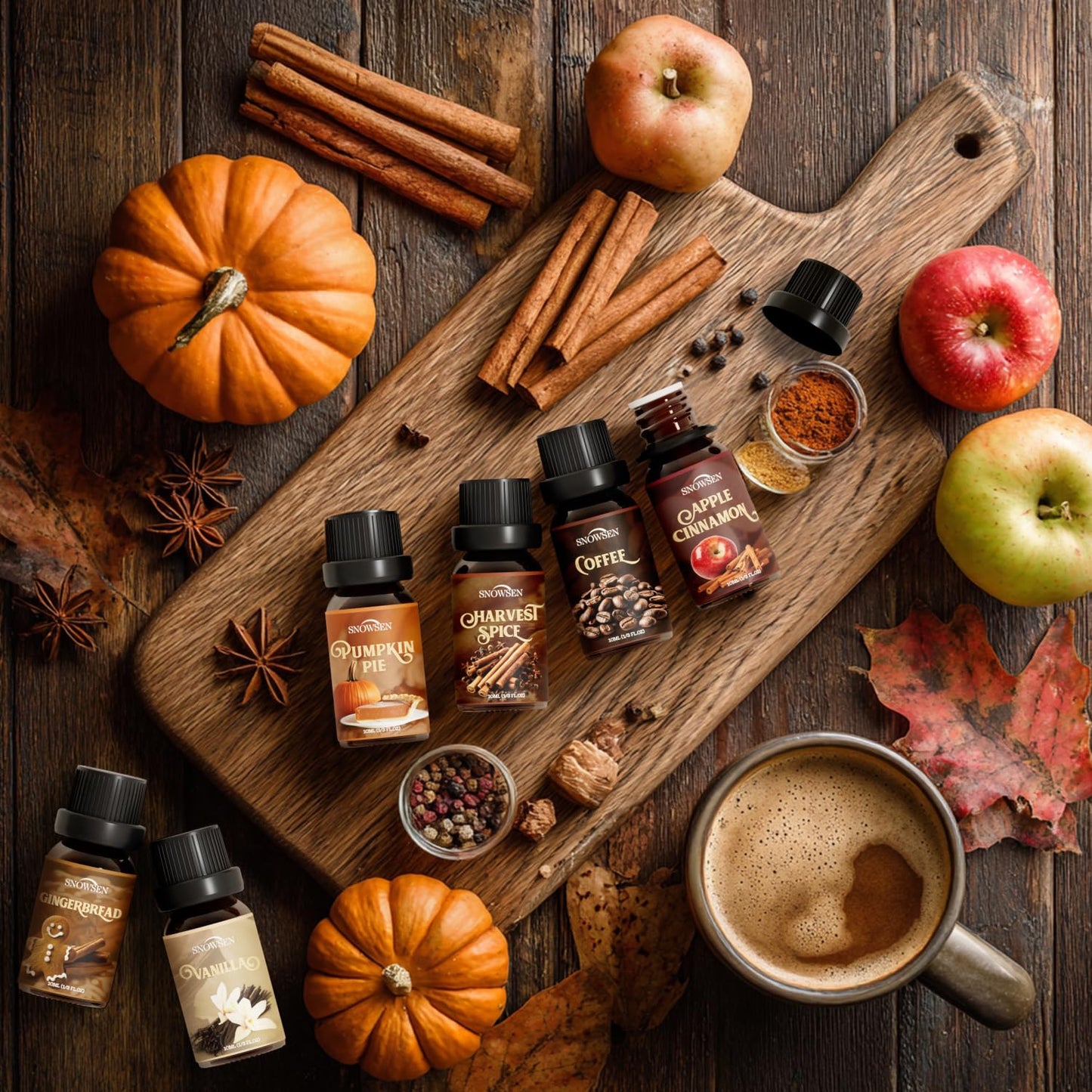 Spice Essential Oils Diffuser Set – SNOWSEN Aromatherapy Gift (Apple Cinnamon, Pumpkin Pie, Gingerbread, Coffee, Vanilla, Harvest Spice)