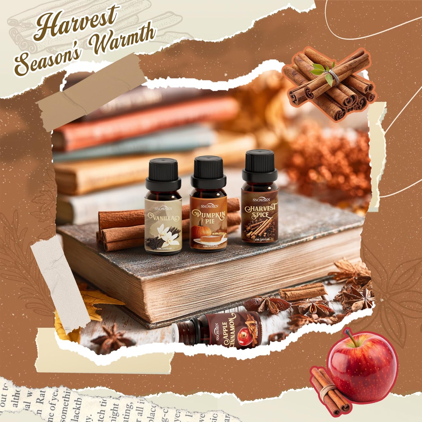 Spice Essential Oils Diffuser Set – SNOWSEN Aromatherapy Gift (Apple Cinnamon, Pumpkin Pie, Gingerbread, Coffee, Vanilla, Harvest Spice)