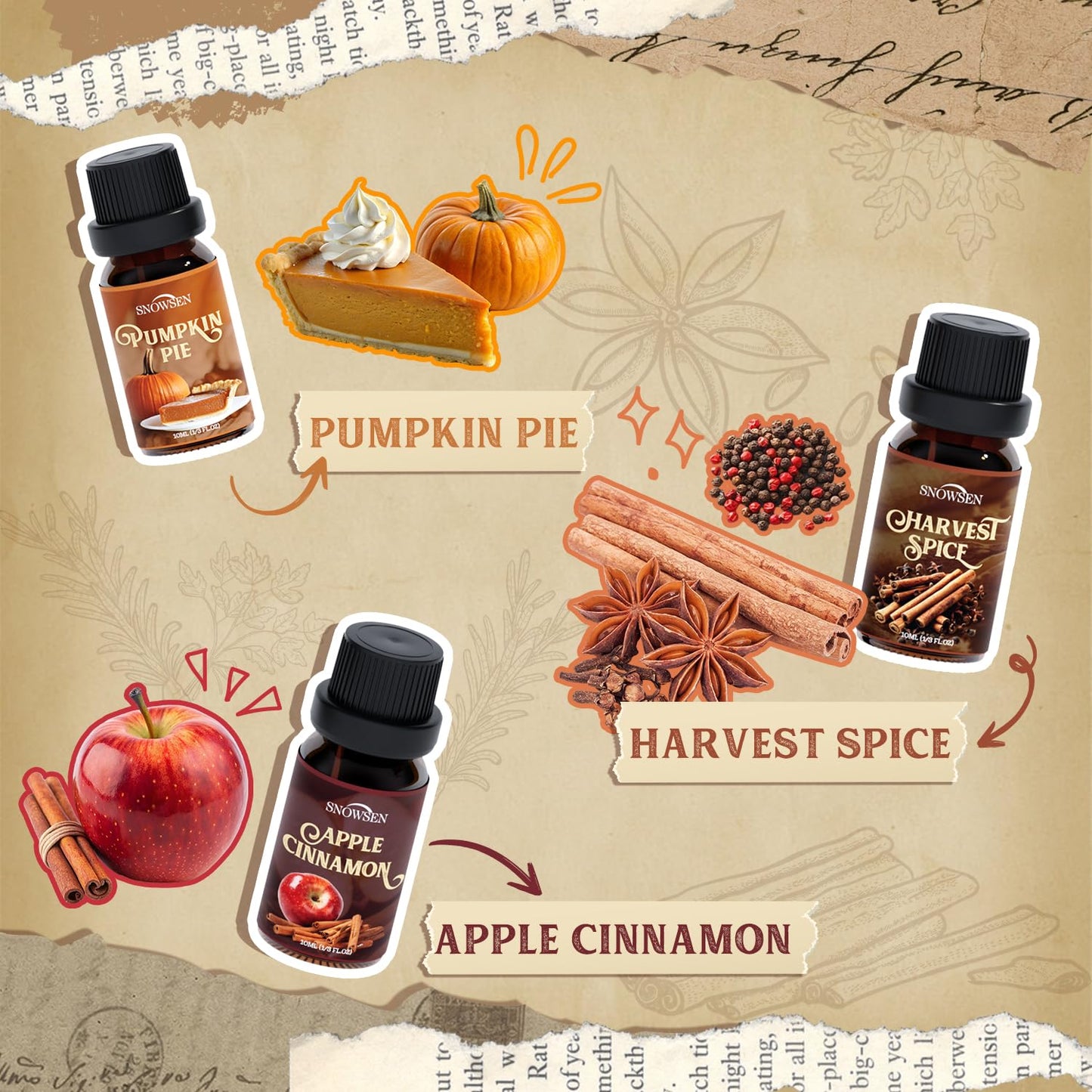 Spice Essential Oils Diffuser Set – SNOWSEN Aromatherapy Gift (Apple Cinnamon, Pumpkin Pie, Gingerbread, Coffee, Vanilla, Harvest Spice)