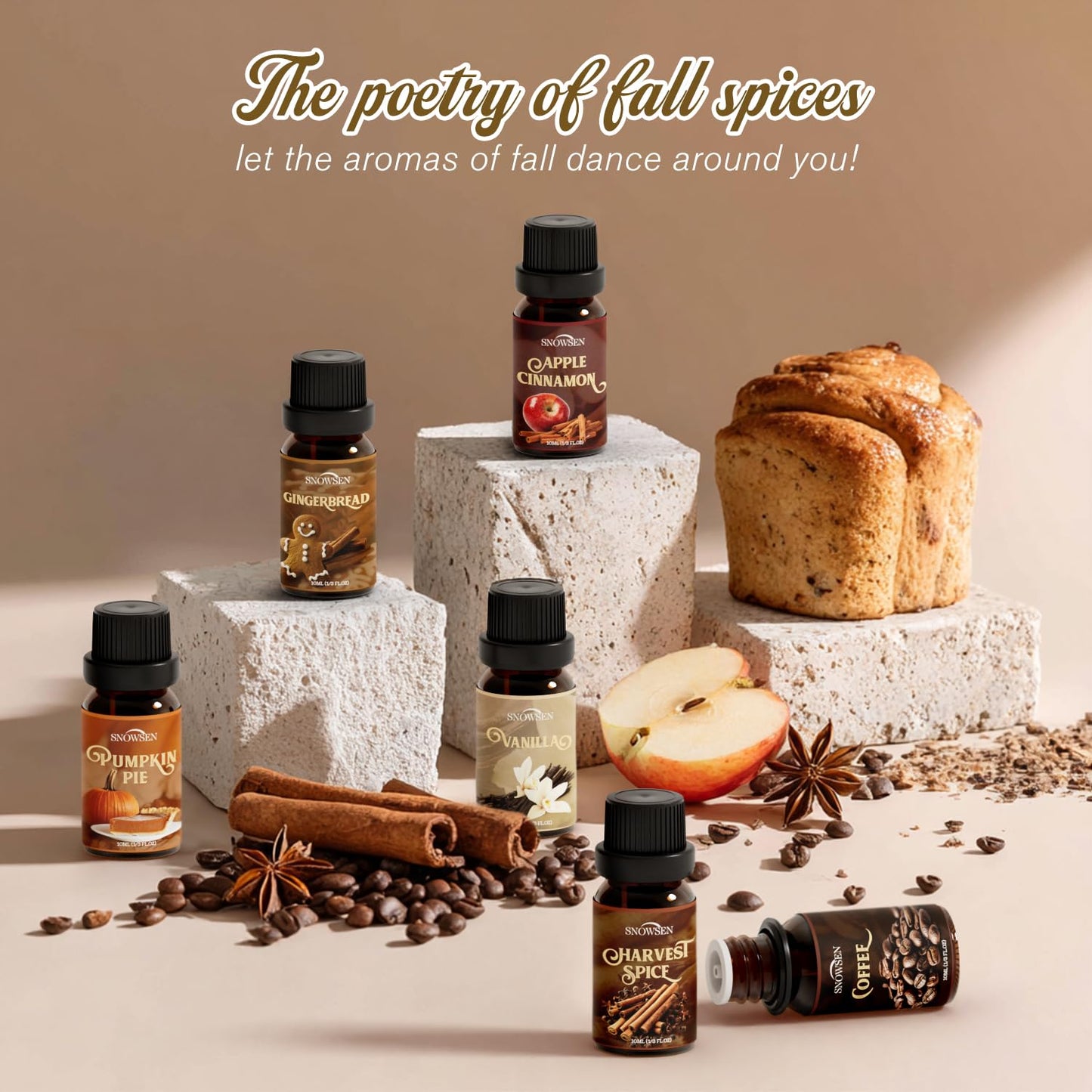 Spice Essential Oils Diffuser Set – SNOWSEN Aromatherapy Gift (Apple Cinnamon, Pumpkin Pie, Gingerbread, Coffee, Vanilla, Harvest Spice)