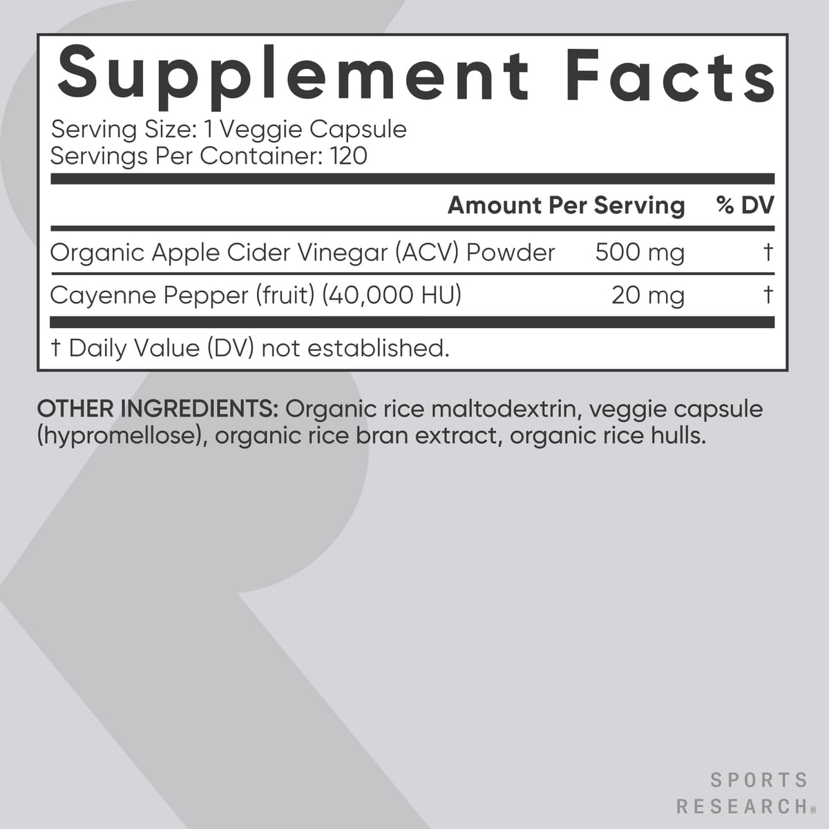 Sports Research Apple Cider Vinegar with Cayenne Pepper - Organic Fermented Apple Cider, Non-GMO Project Verified & Vegan (120 Veggie Capsules)