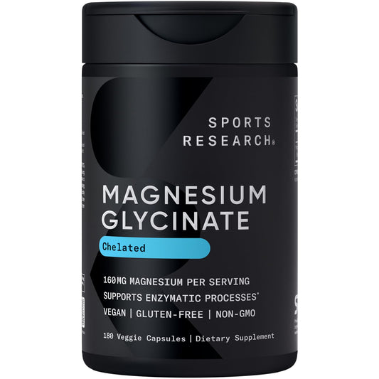 Sports Research Magnesium Glycinate – 160 mg Chelated Magnesium, 180 Vegan Capsules