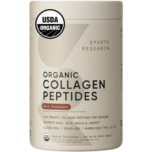 Sports Research Organic Collagen Powder – Hydrolyzed Type I & III, USDA Organic, Gluten Free, 30 Servings, Dark Chocolate