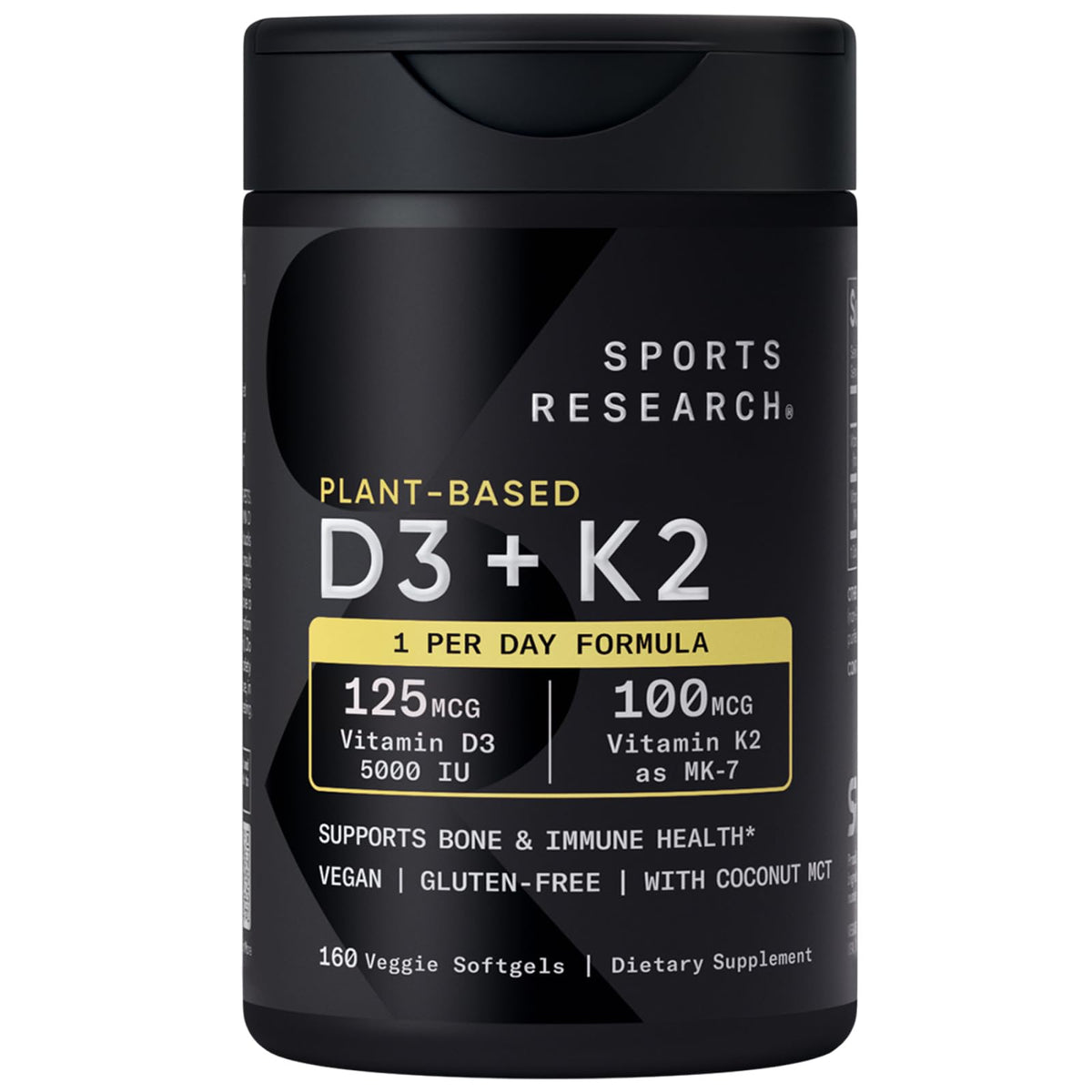 Sports Research Vitamin D3 + K2 5000 IU Plant-Based, Vegan, Non-GMO – MK-7, 160 Softgels
