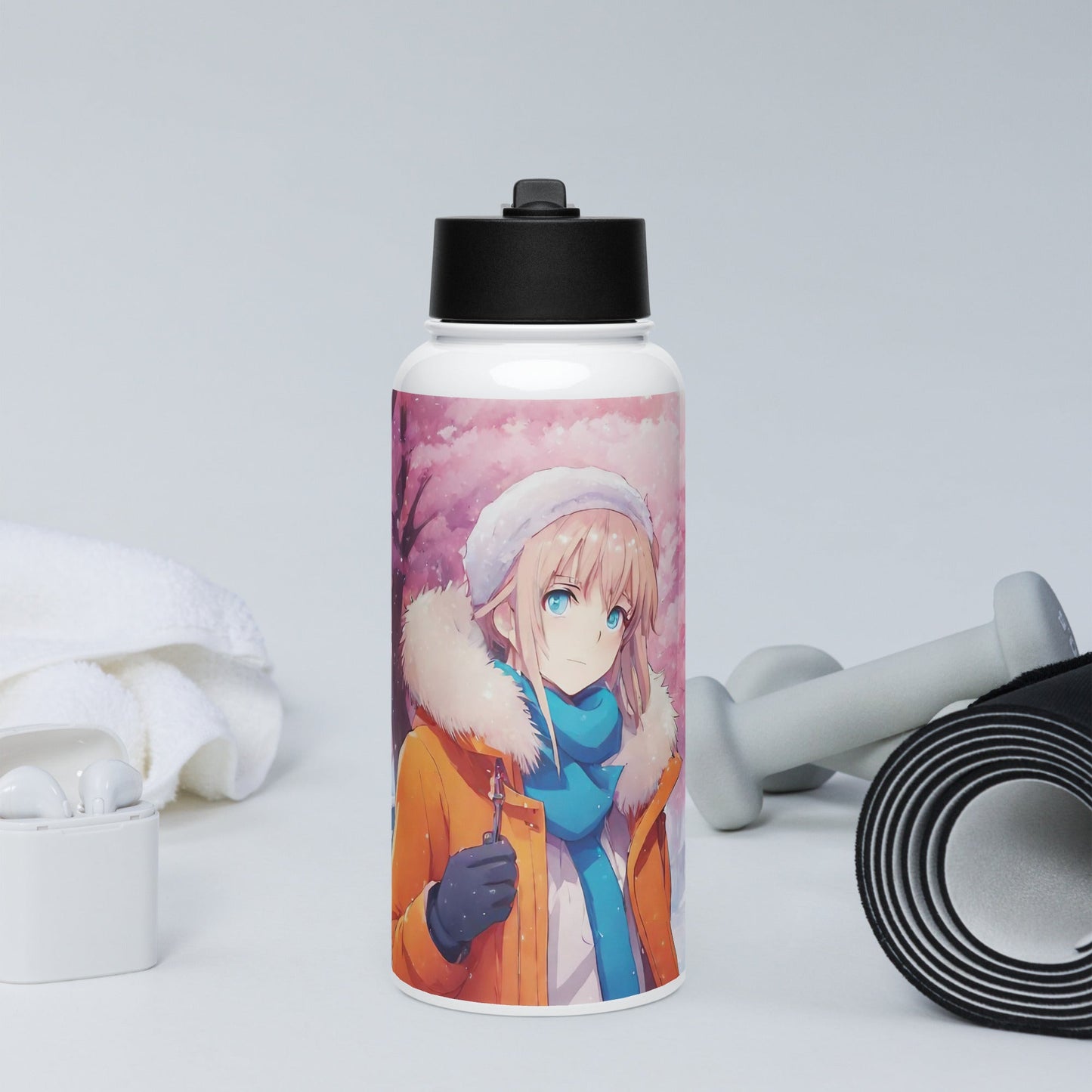 Stainless steel water bottle with a straw lid