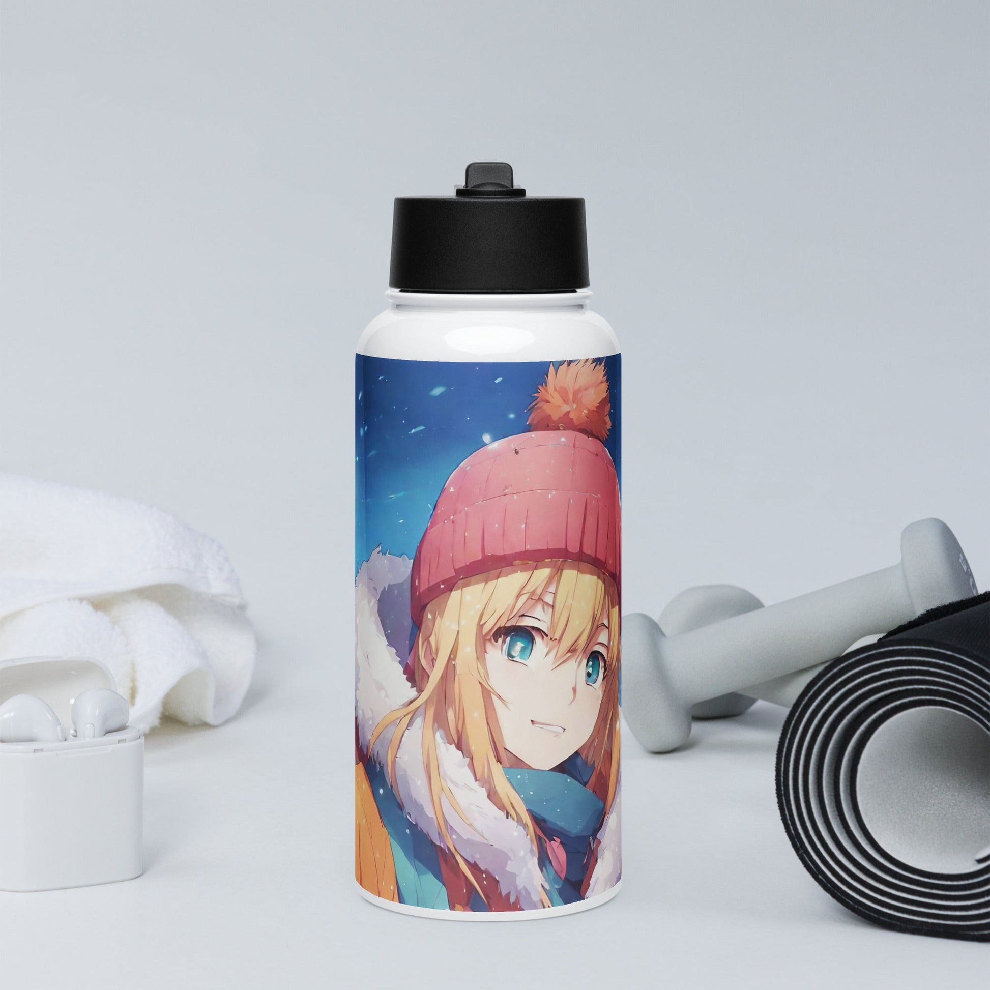 Stainless steel water bottle with a straw lid