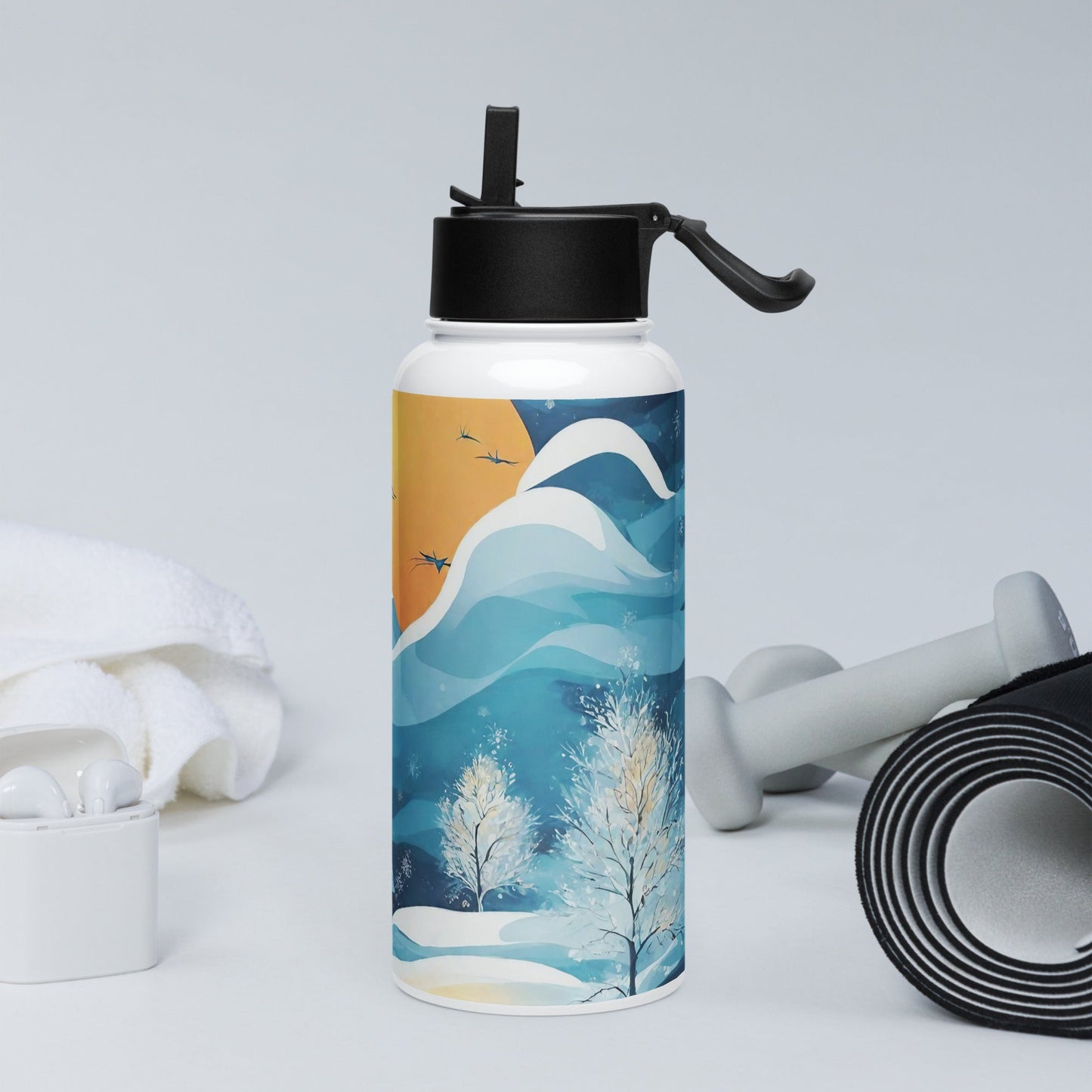 Stainless steel water bottle with a straw lid