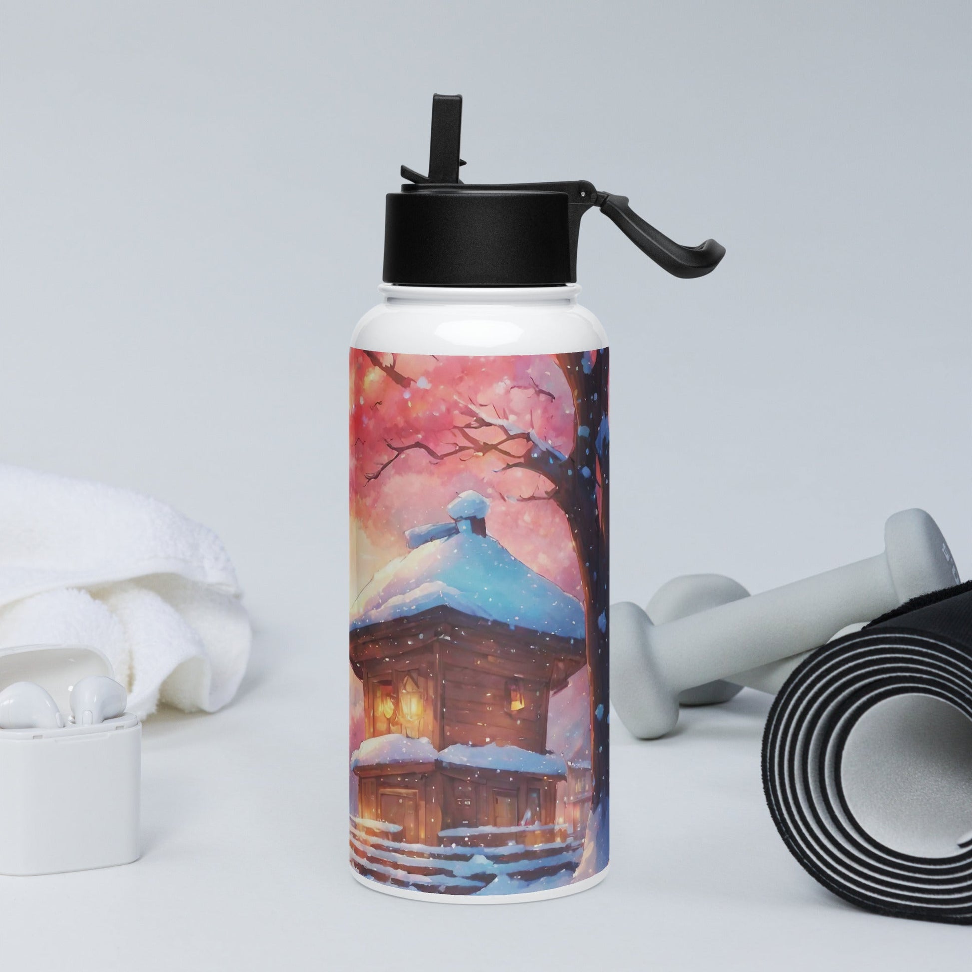 Stainless steel water bottle with a straw lid