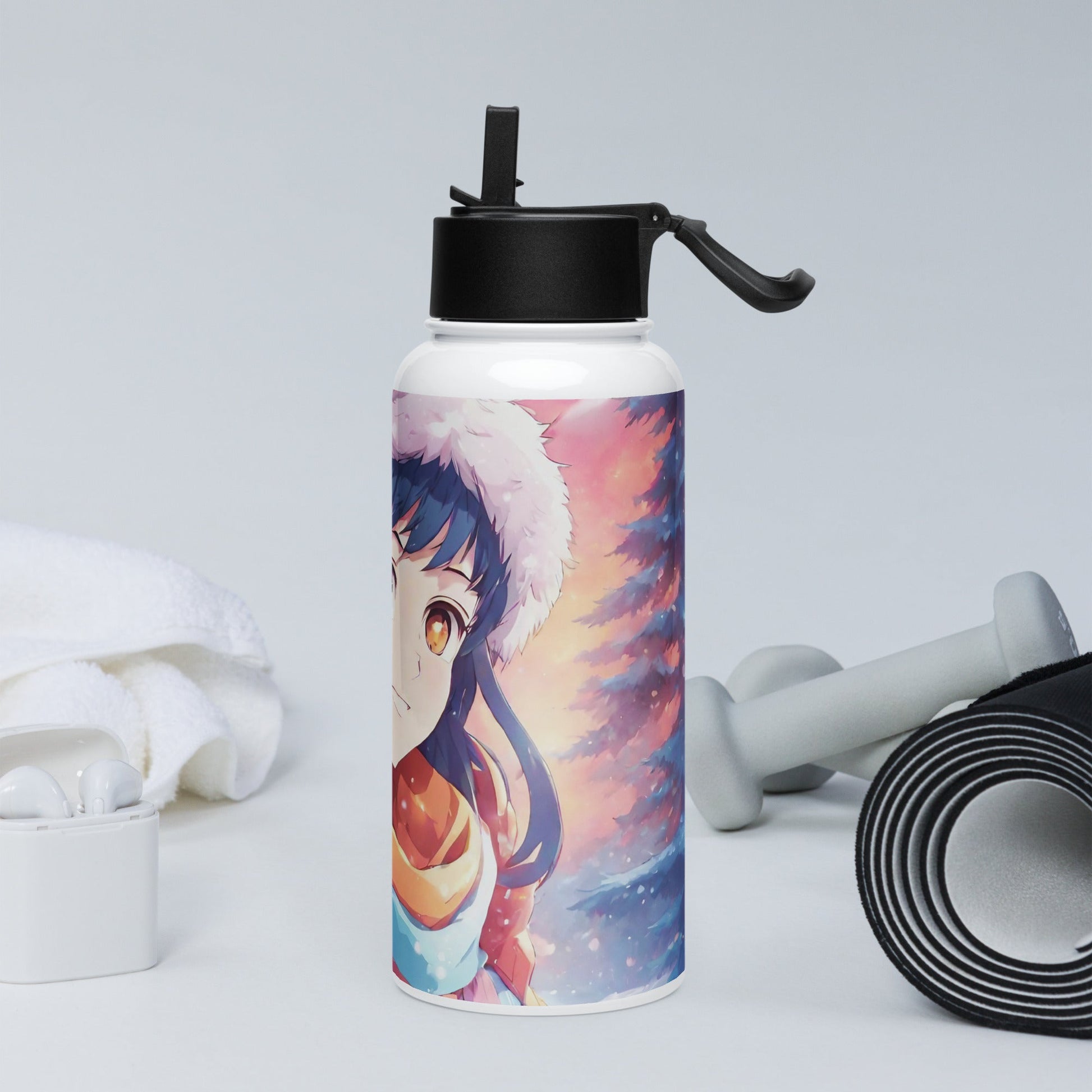 Stainless steel water bottle with a straw lid