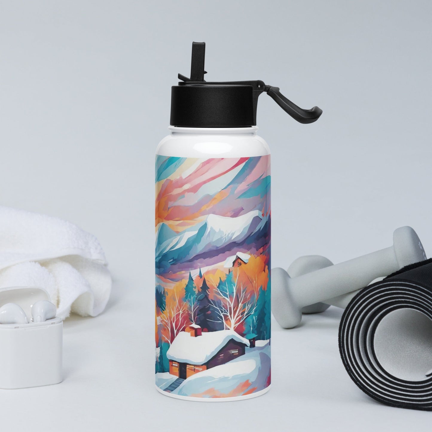 Stainless steel water bottle with a straw lid