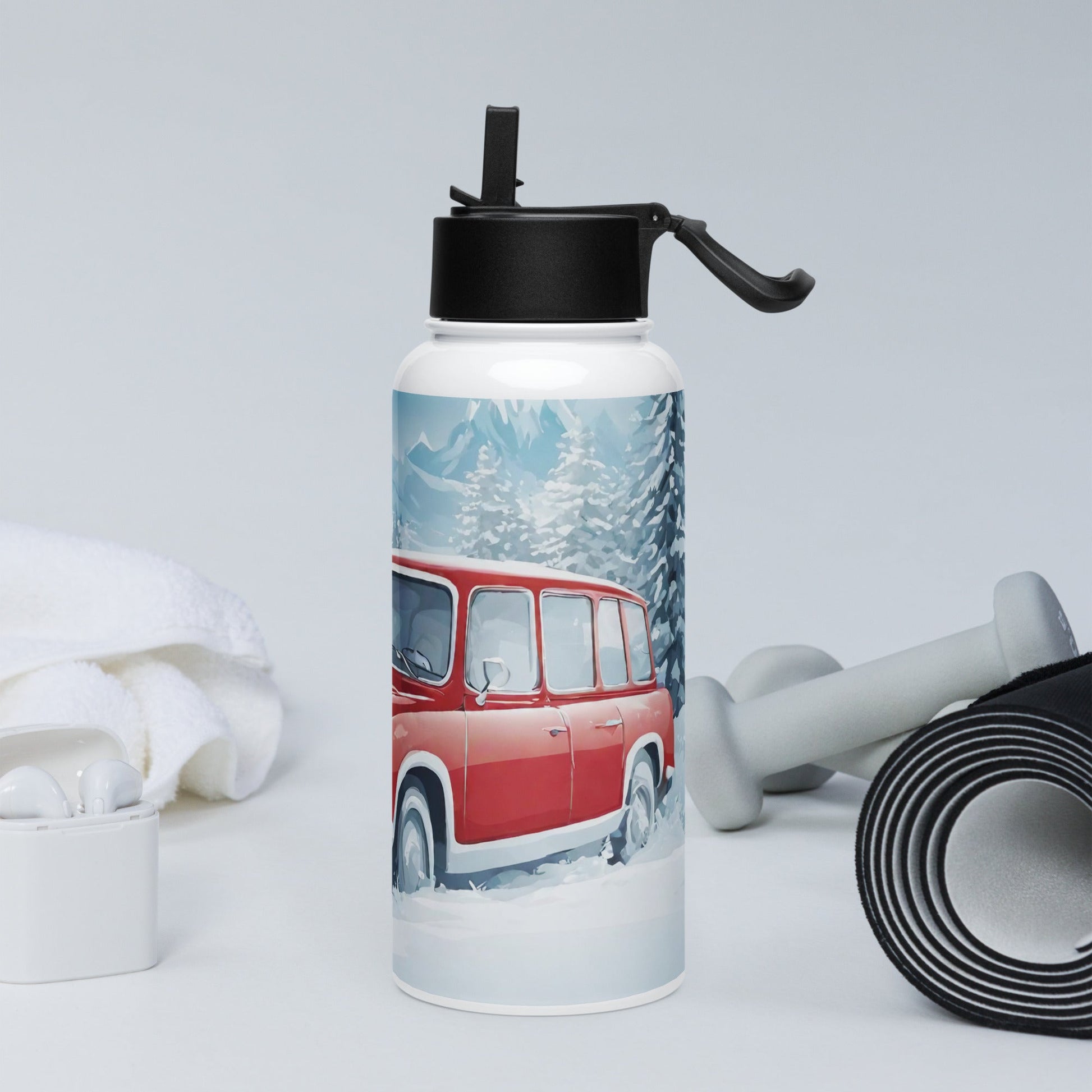 Stainless steel water bottle with a straw lid