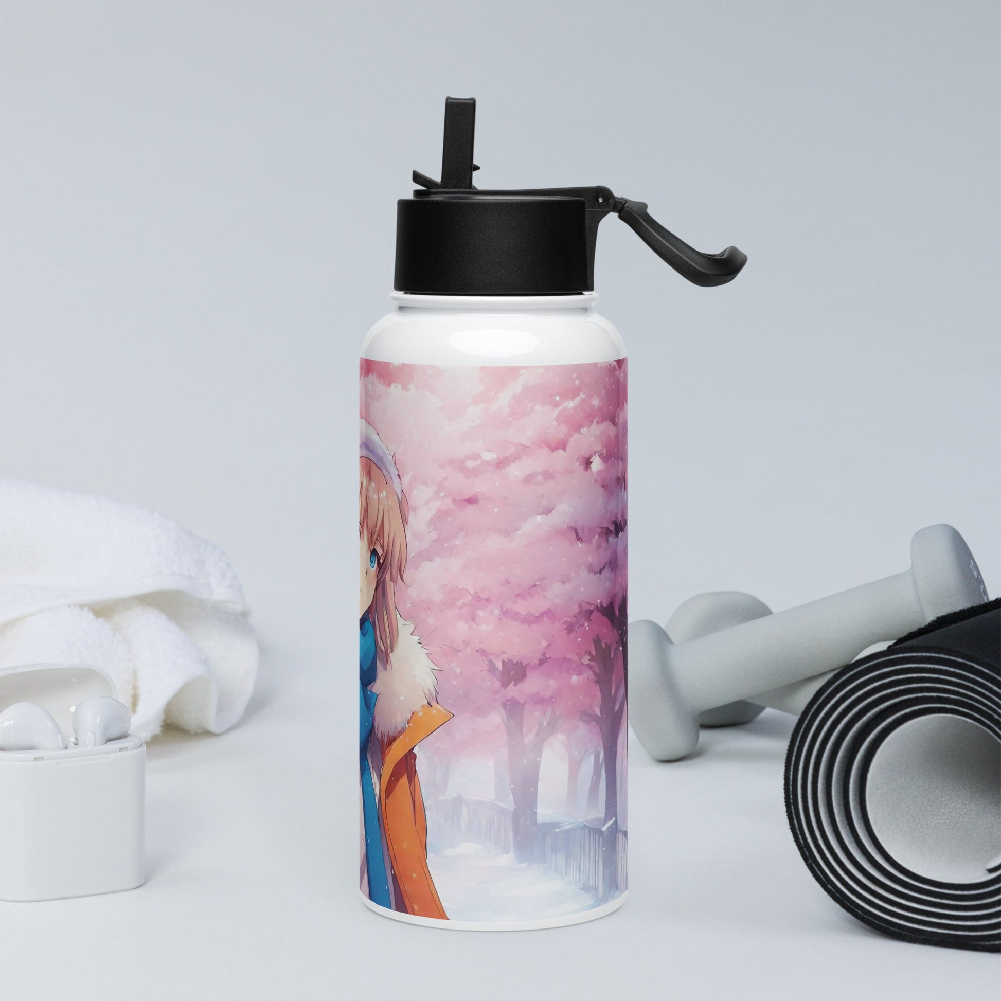 Stainless steel water bottle with a straw lid