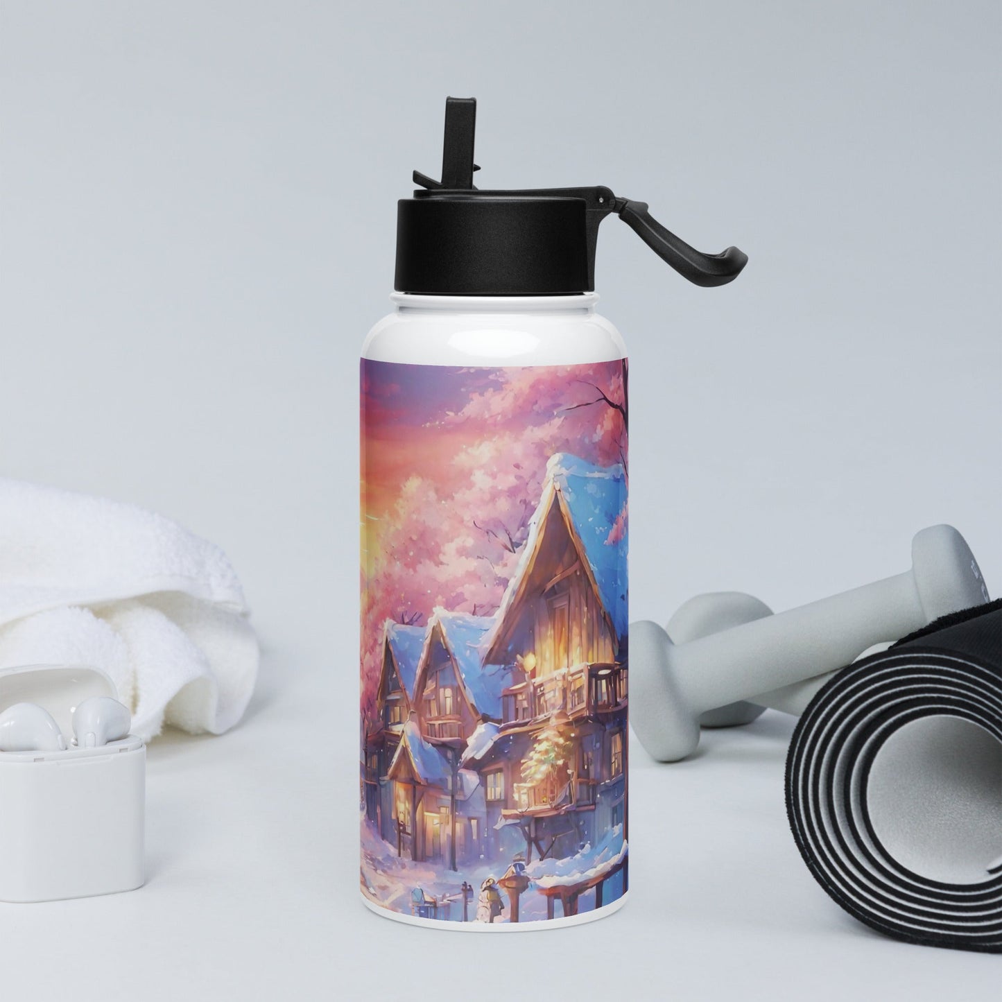 Stainless steel water bottle with a straw lid