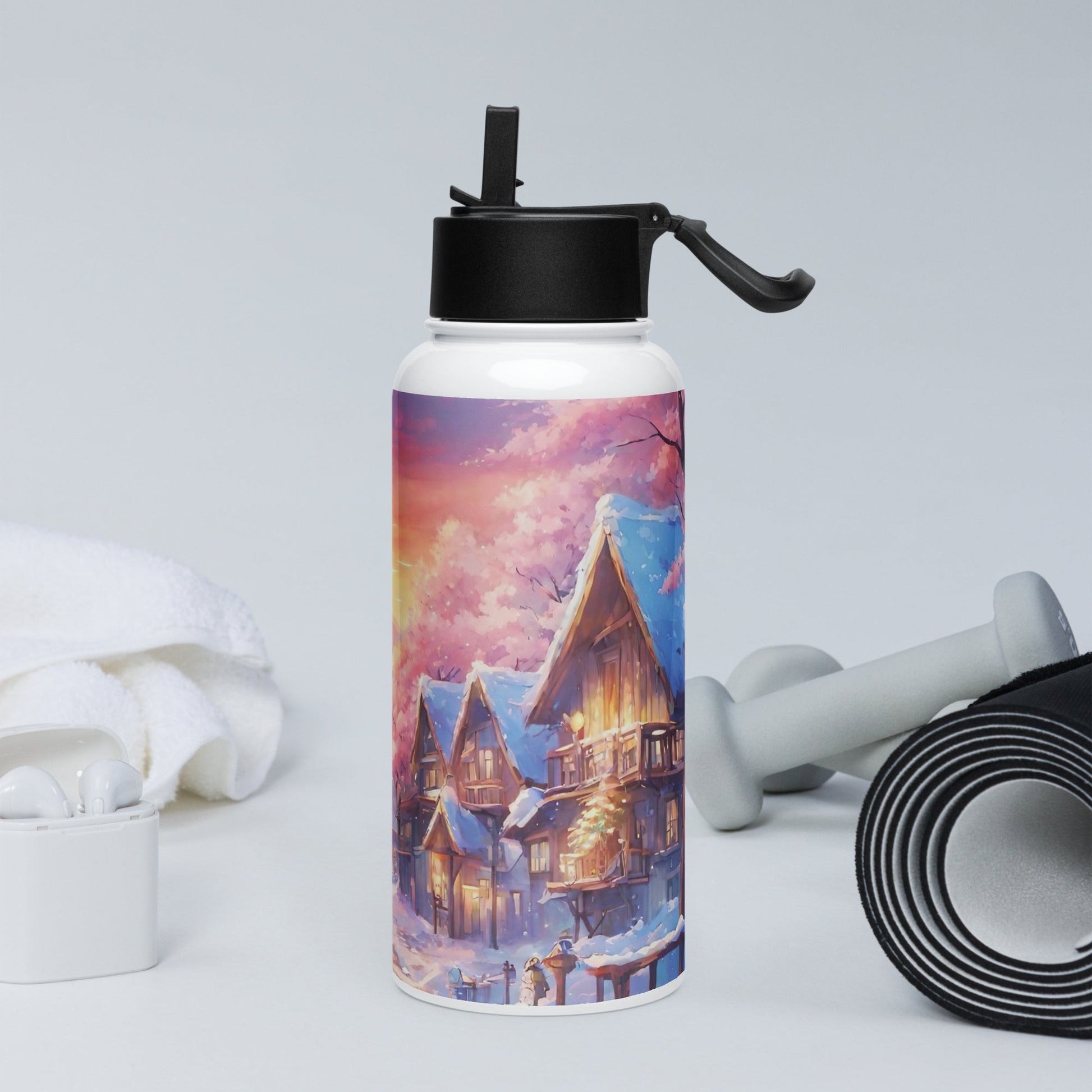 Stainless steel water bottle with a straw lid