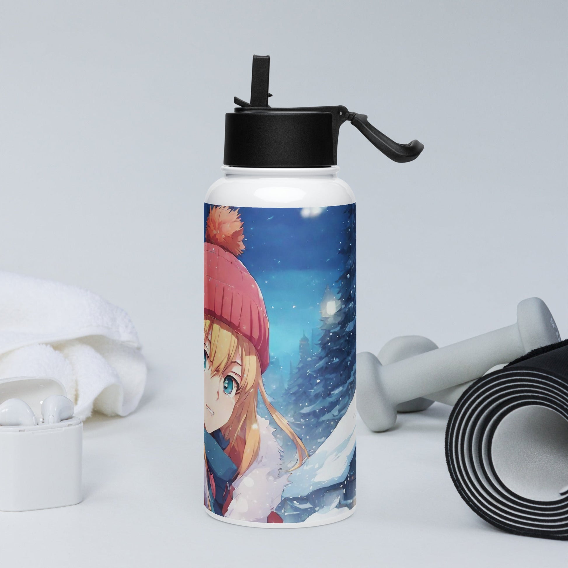 Stainless steel water bottle with a straw lid