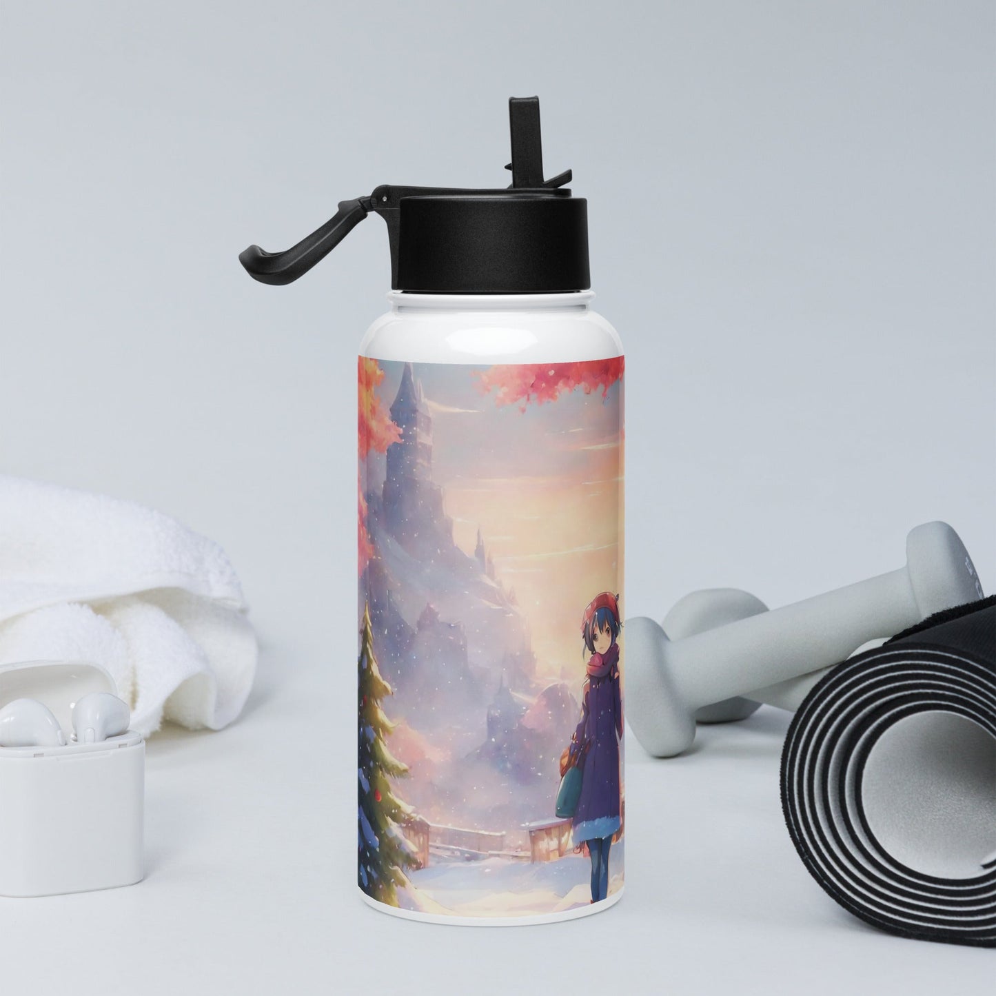 Stainless steel water bottle with a straw lid
