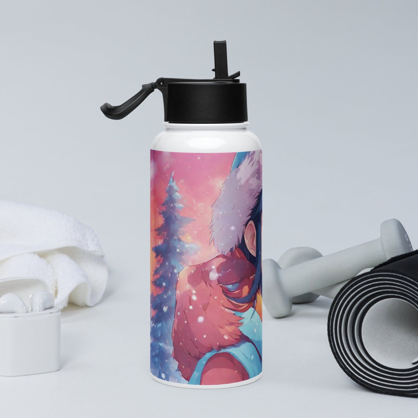 Stainless steel water bottle with a straw lid