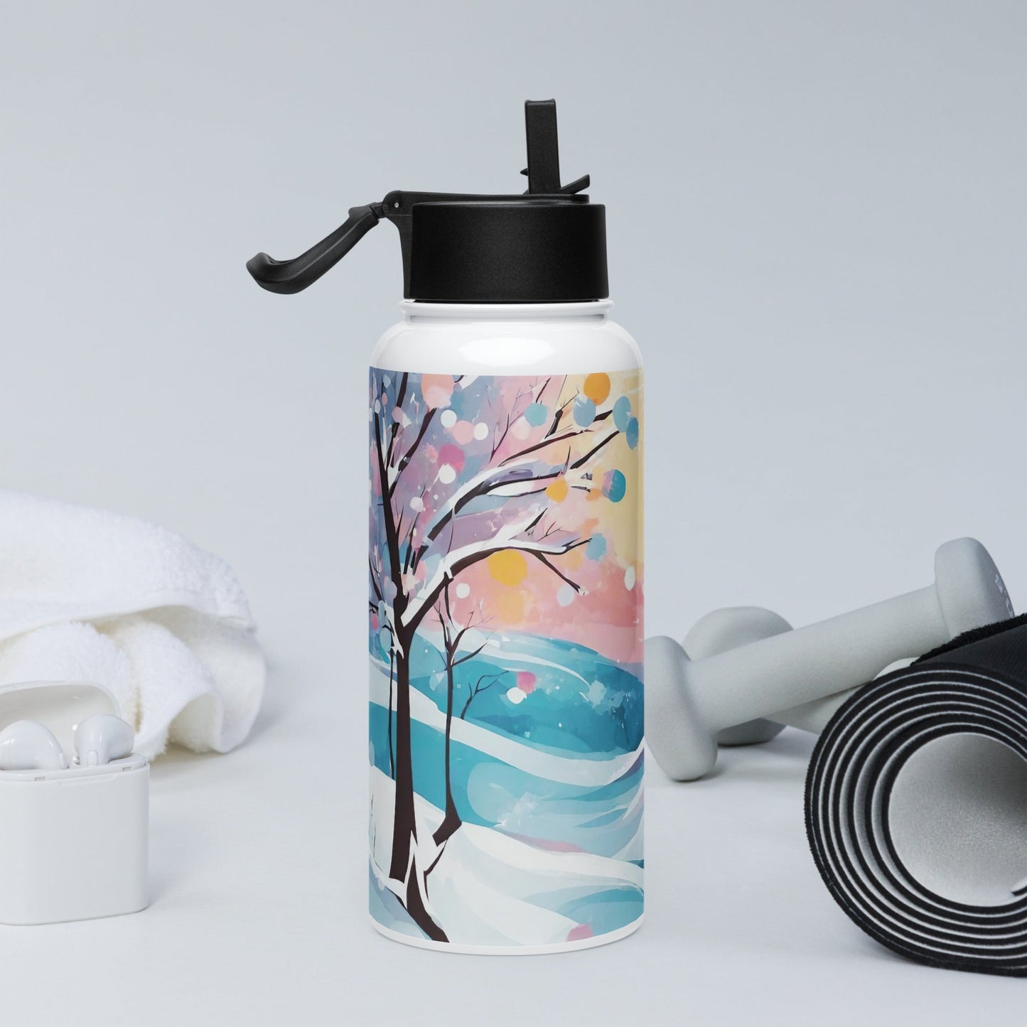 Stainless steel water bottle with a straw lid