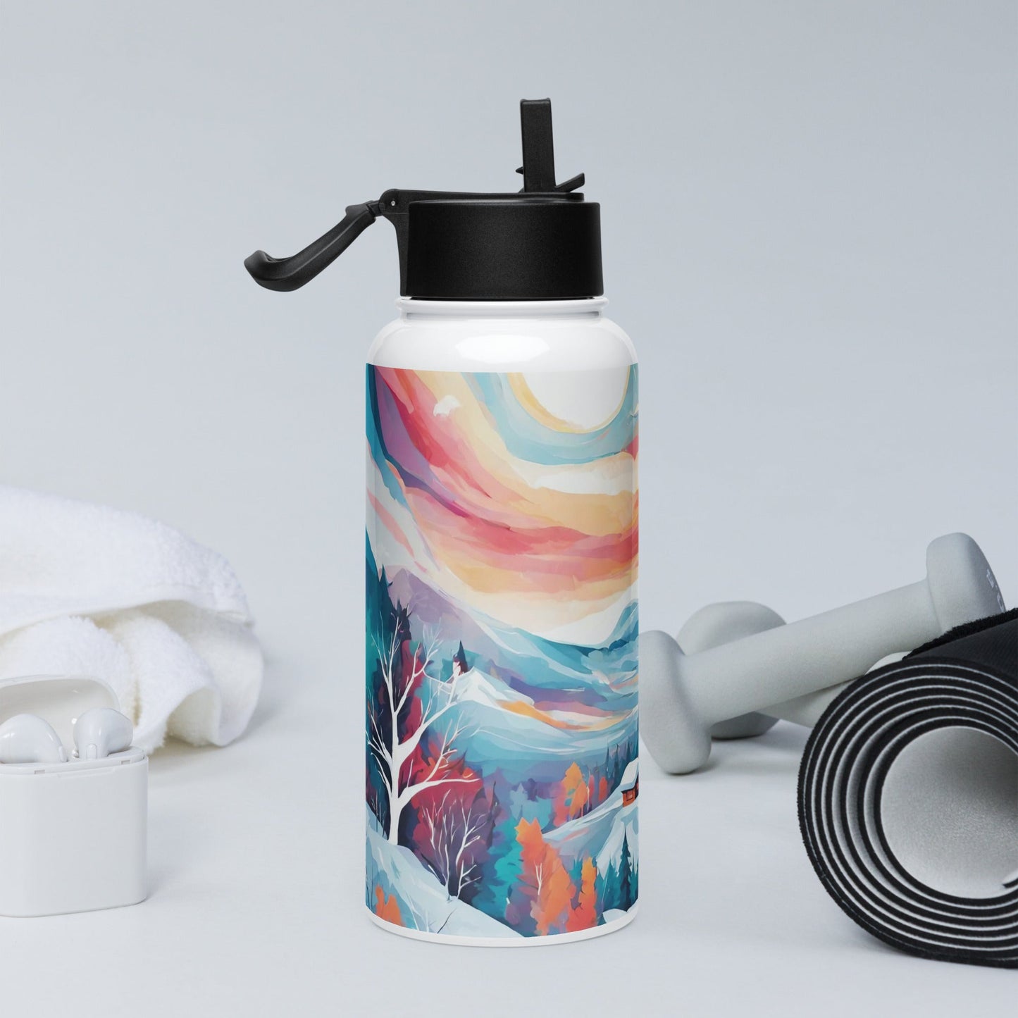 Stainless steel water bottle with a straw lid