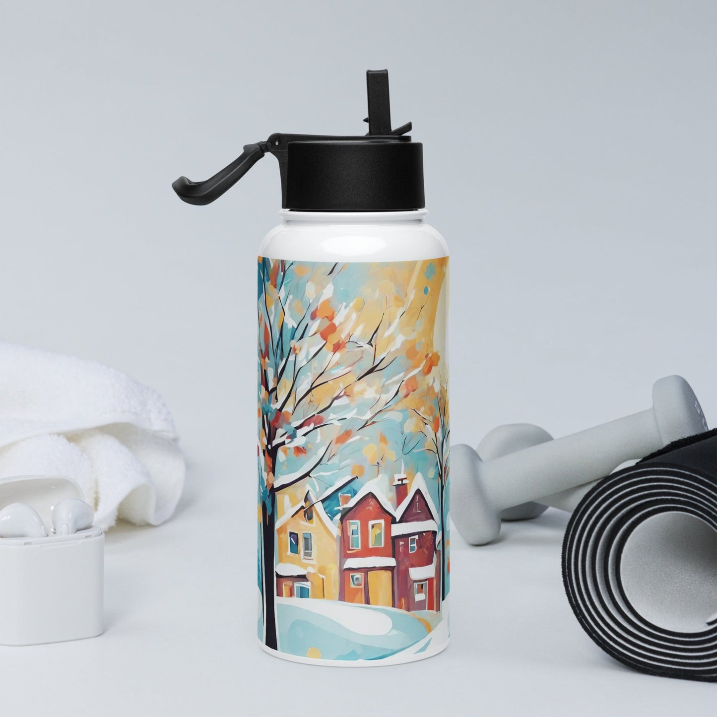 Stainless steel water bottle with a straw lid