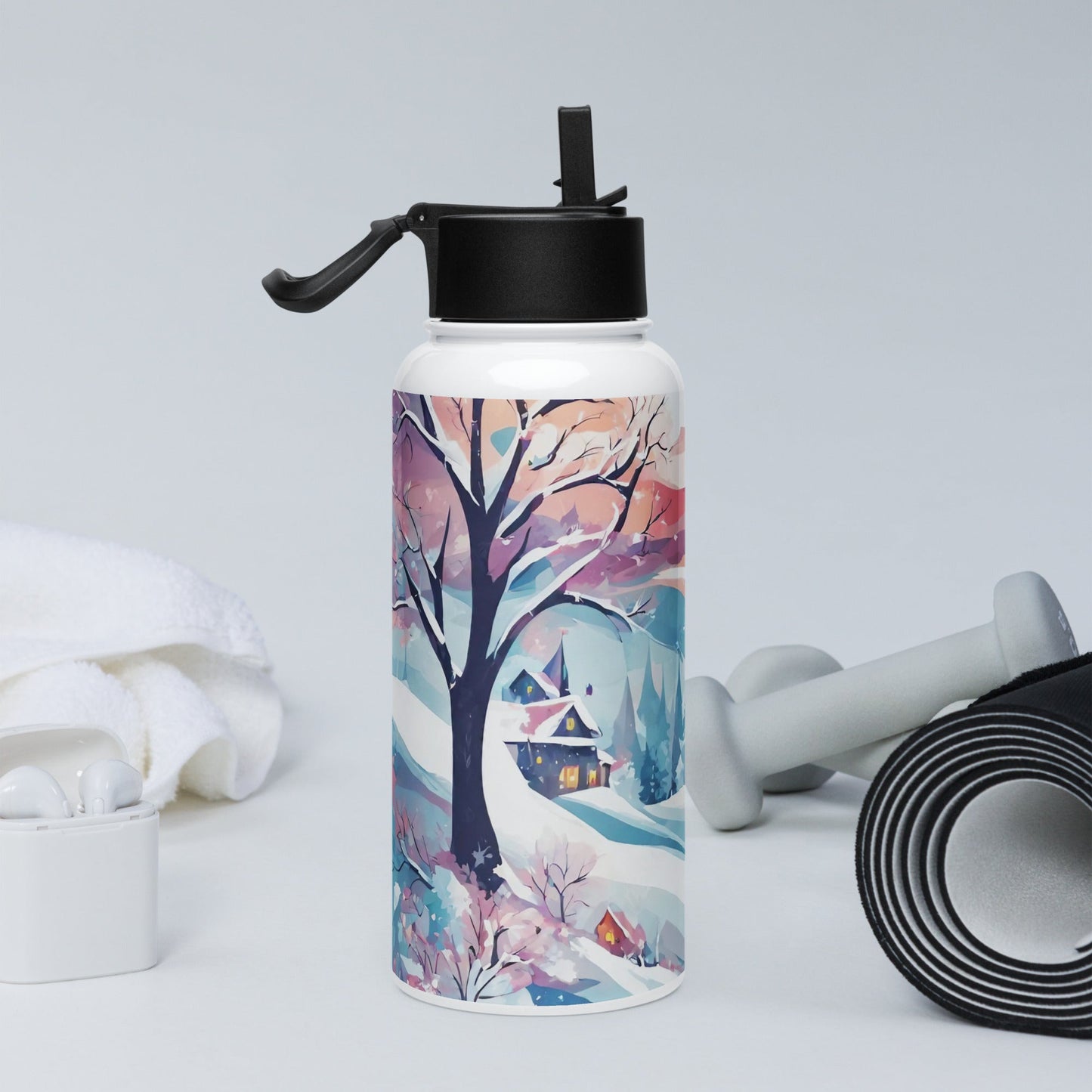 Stainless steel water bottle with a straw lid