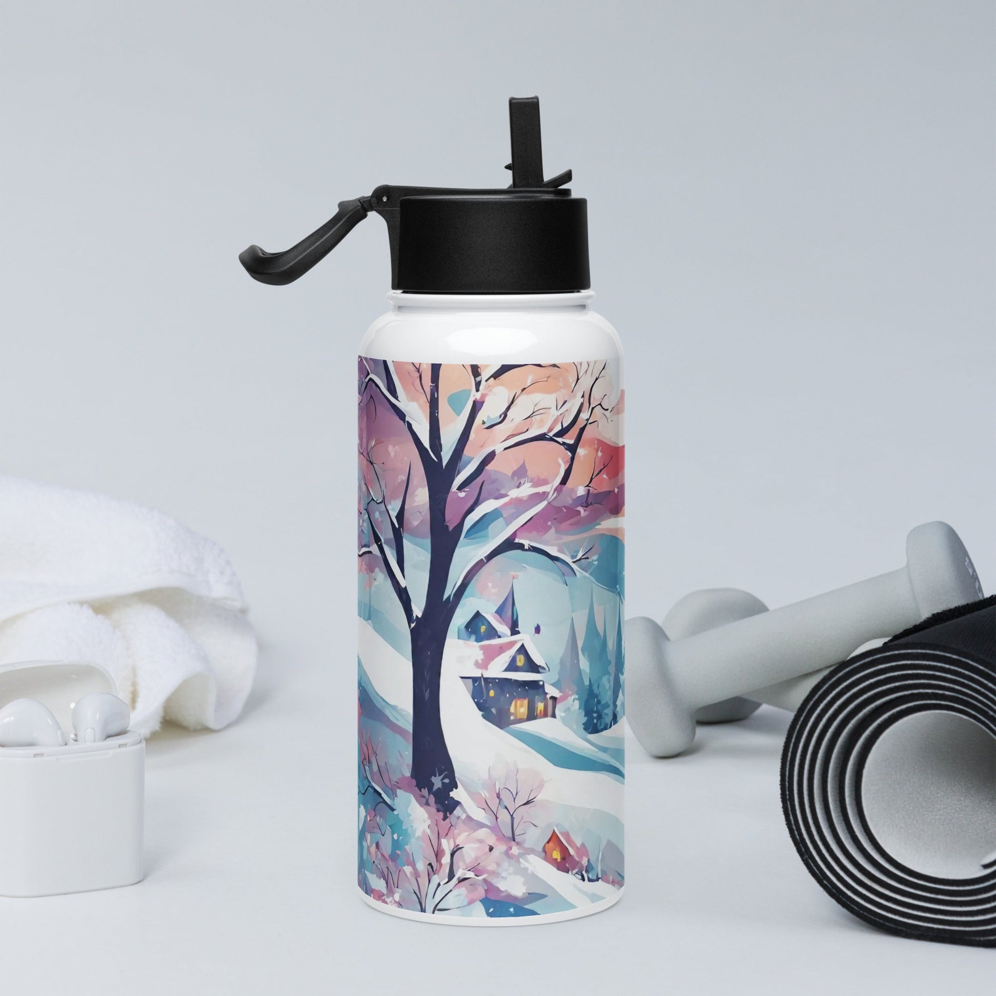 Stainless steel water bottle with a straw lid