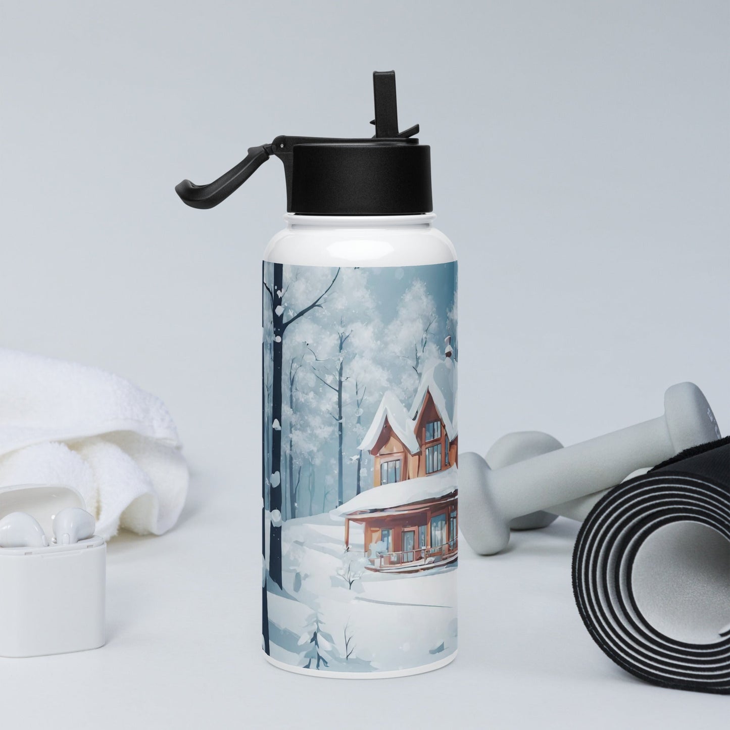 Stainless steel water bottle with a straw lid