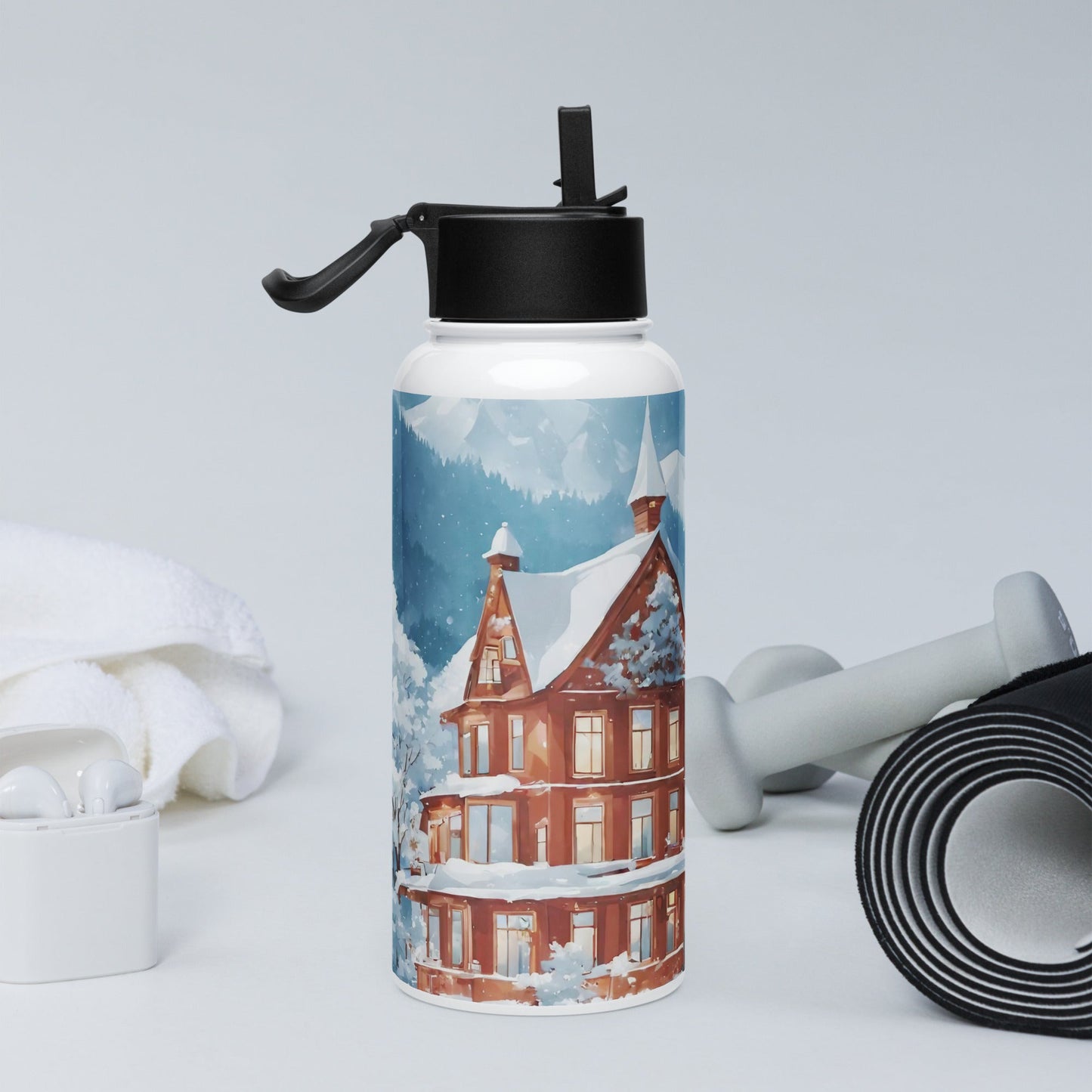 Stainless steel water bottle with a straw lid