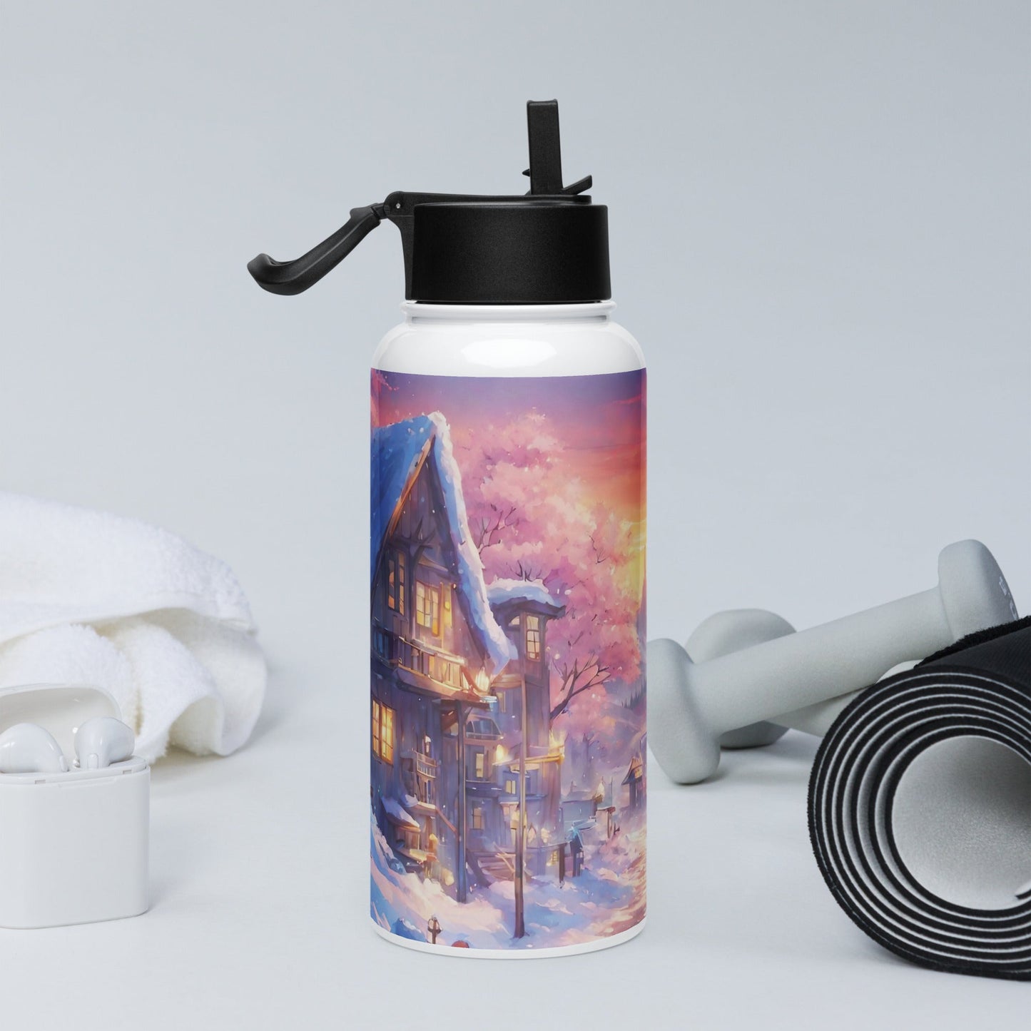 Stainless steel water bottle with a straw lid