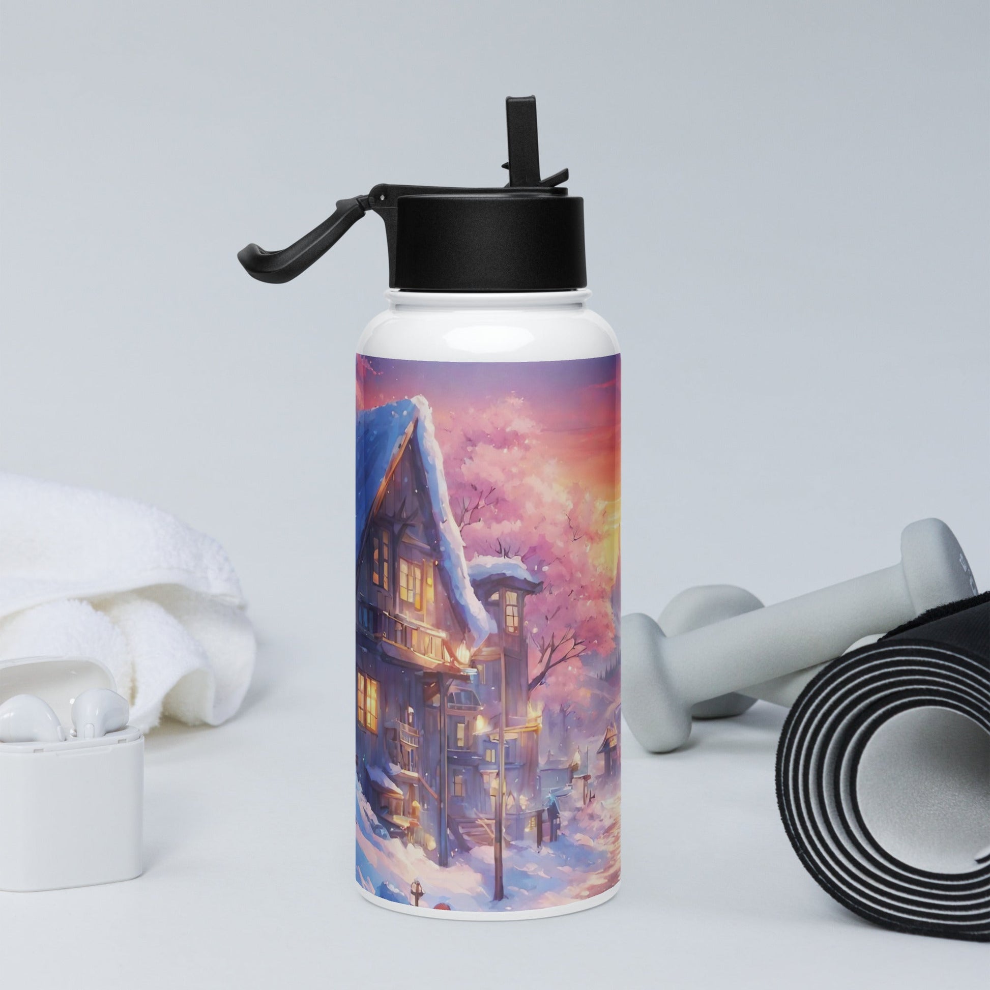 Stainless steel water bottle with a straw lid