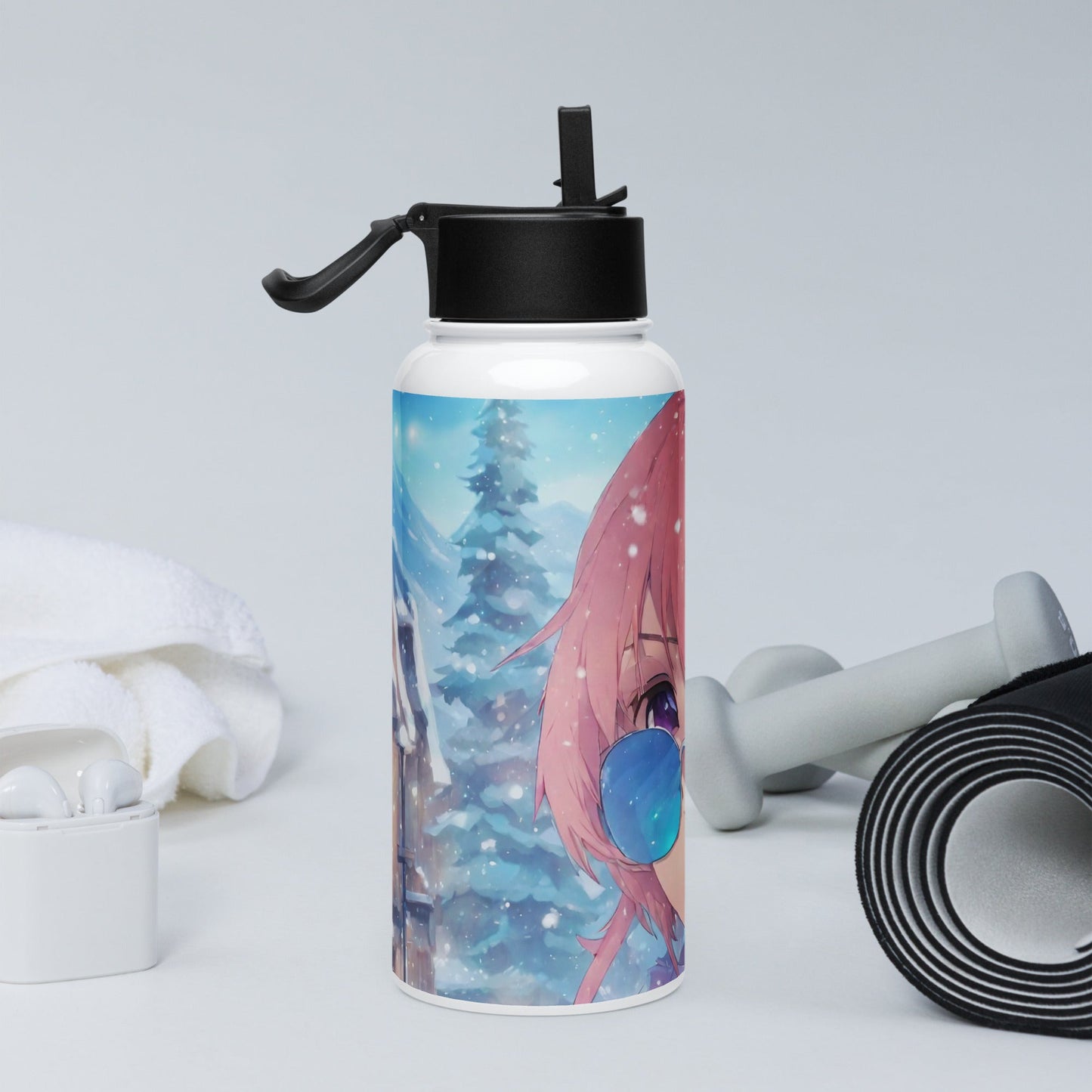 Stainless steel water bottle with a straw lid