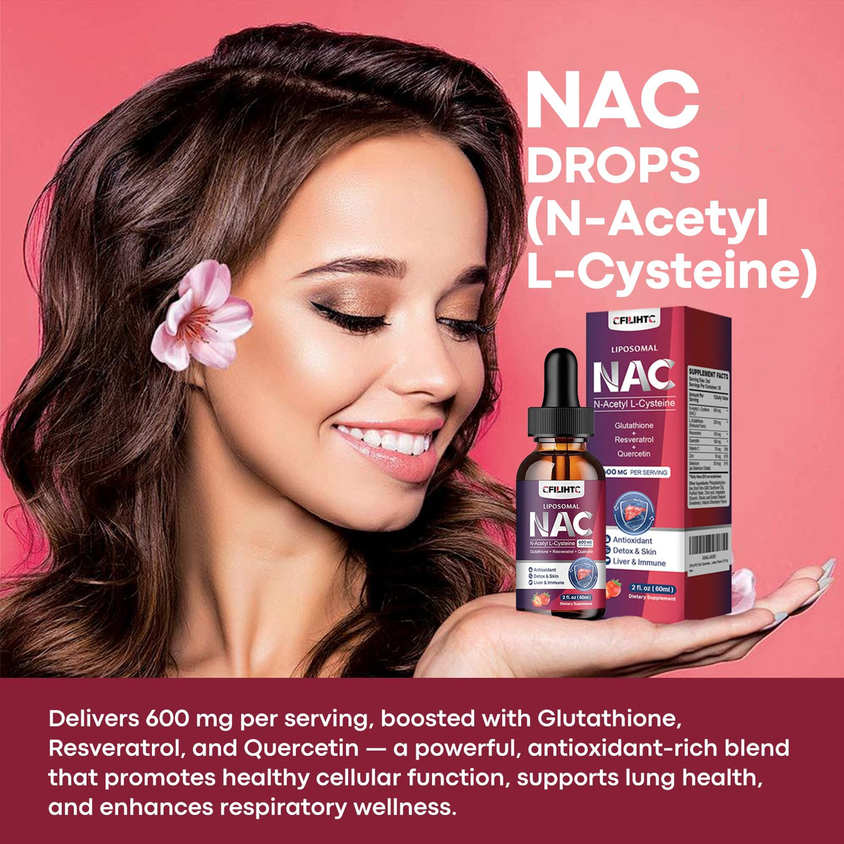 Liposomal NAC Liquid Drops – 600mg N-Acetyl Cysteine with Glutathione, Resveratrol & Zinc (Strawberry, 4 oz)
