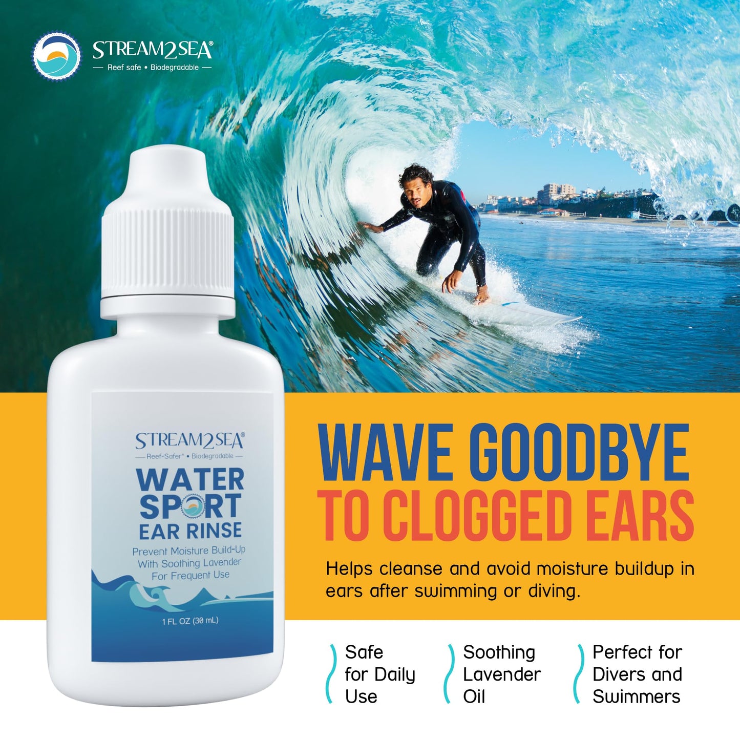 Stream2Sea Water Sport Ear Rinse for Swimmers, Divers & Surfers | Biodegradable Natural Ear Drops
