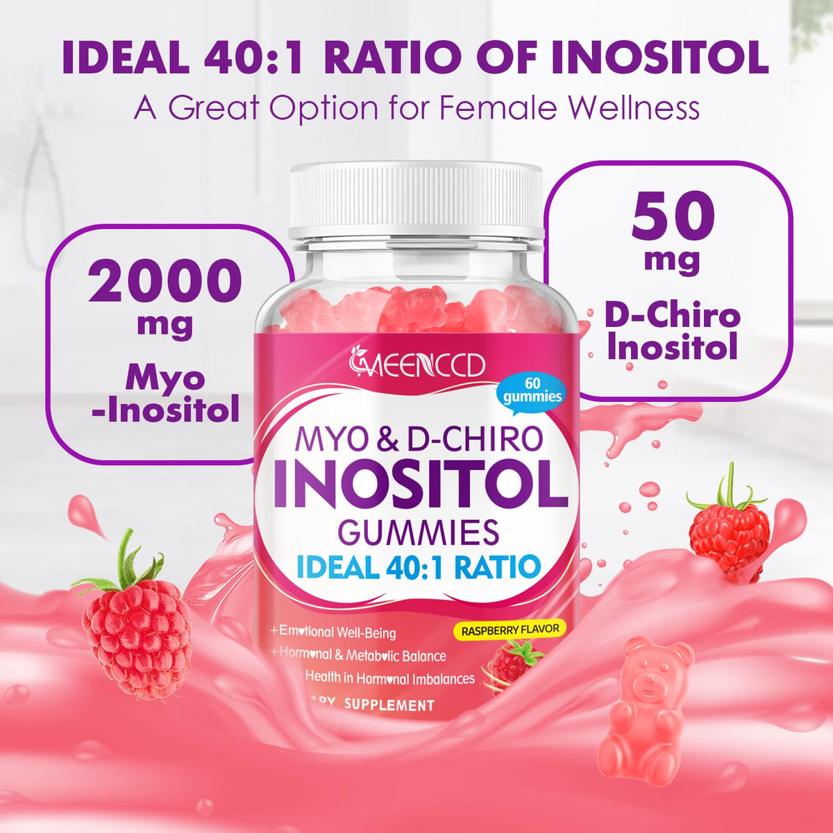 2-Pack Myo-Inositol and D-Chiro Inositol Gummies – 40:1 Ratio, Raspberry Flavor, 120 Count