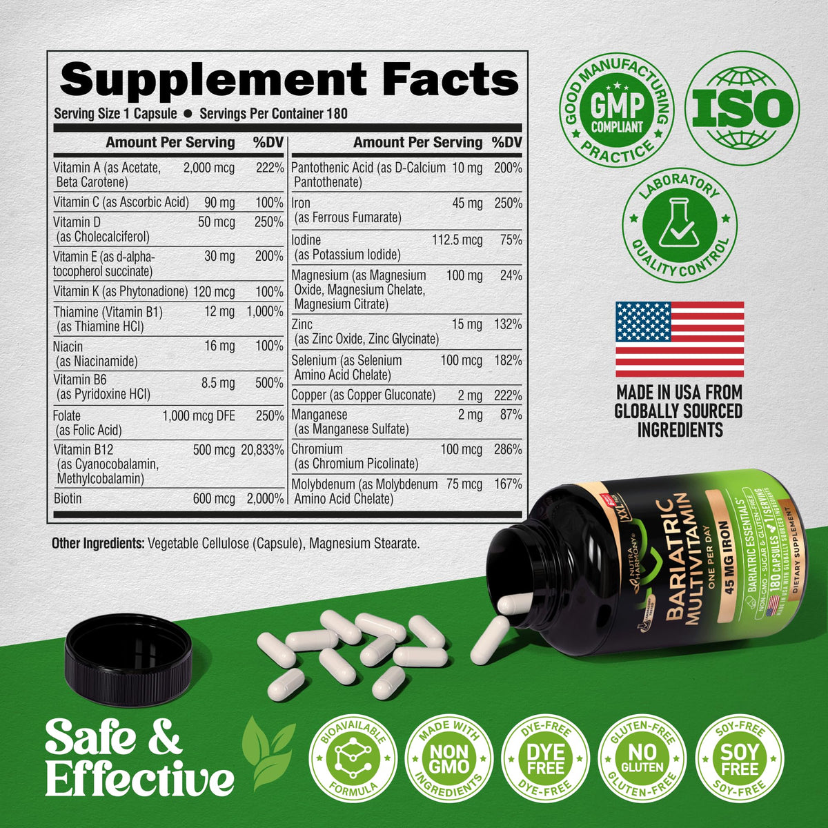 Bariatric Multivitamin with Iron – 21 Vitamins, 180 Capsules, USA Made