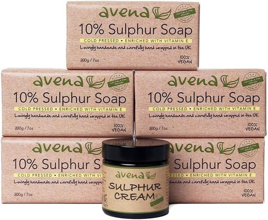 Sulphur Soap 5-Pack (200g each) & Cream Vitamin E Enriched Vegan Acne Eczema