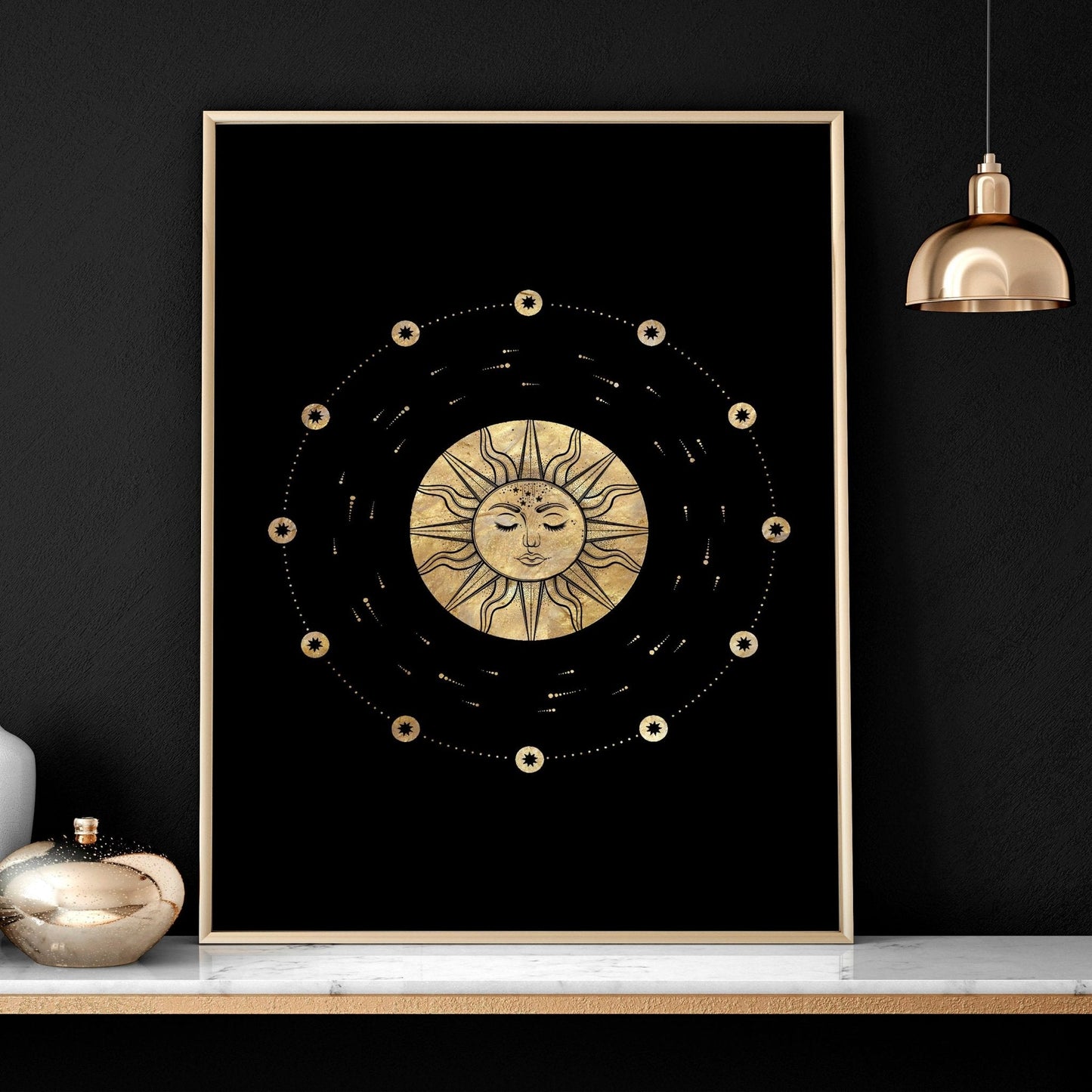 Sun and moon drawing  | set of 3 framed wall art
