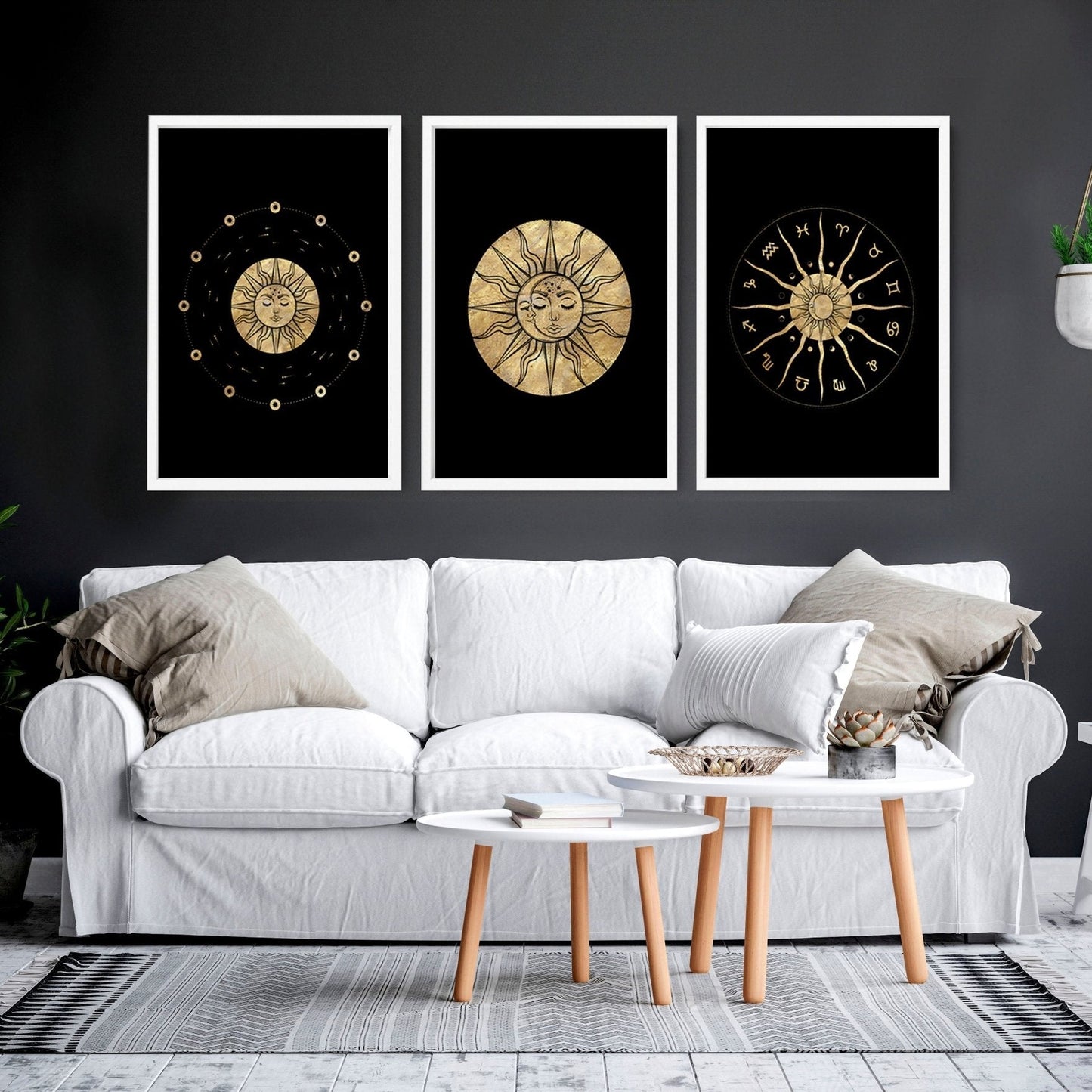 Sun and moon drawing  | set of 3 framed wall art