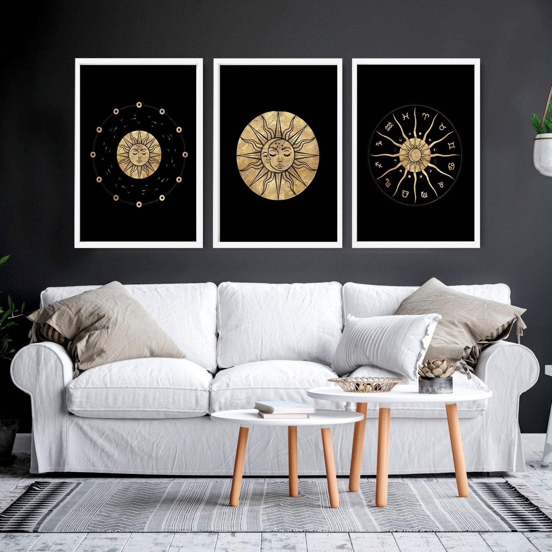 Sun and moon drawing  | set of 3 framed wall art