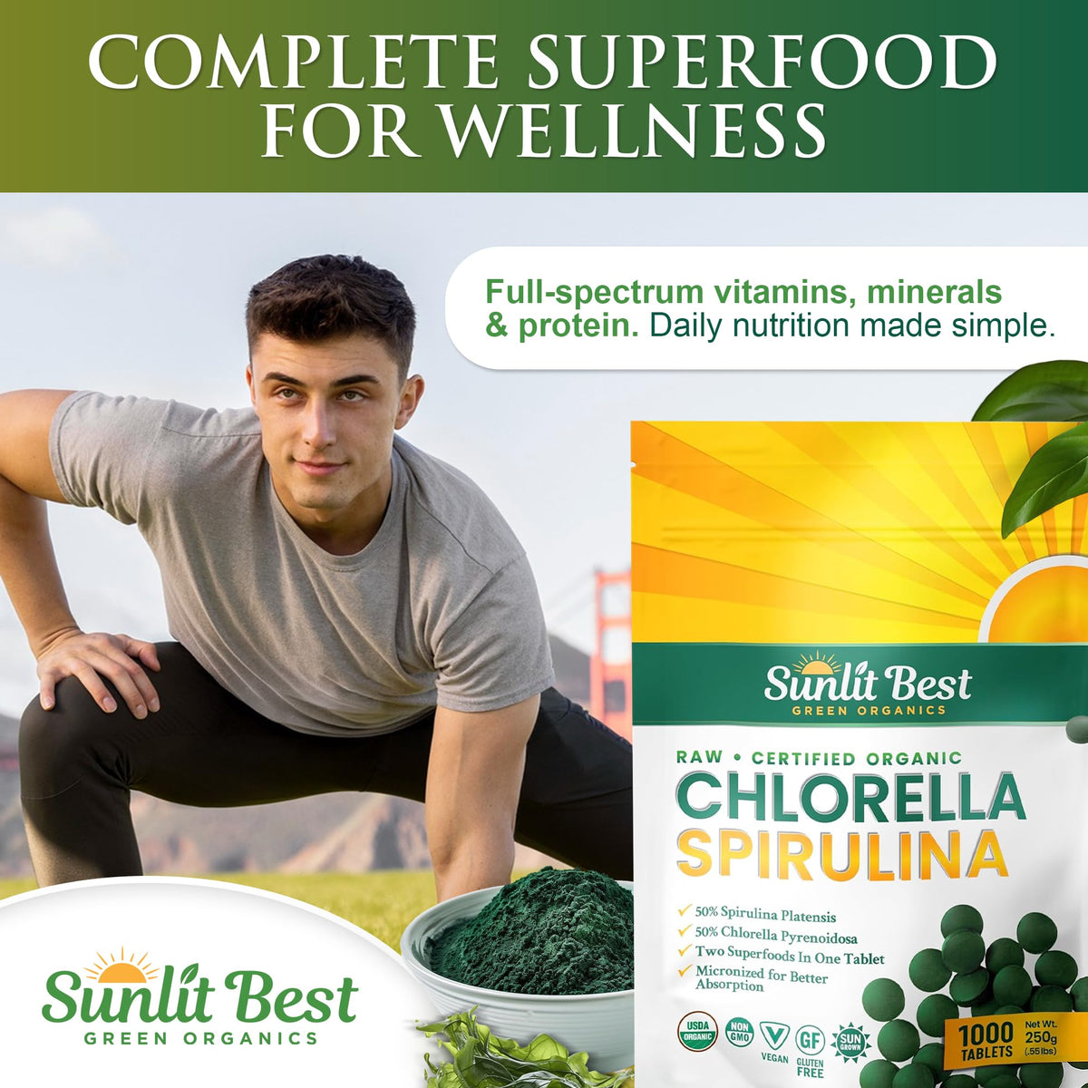 Sunlit Best Organic Burst Chlorella Spirulina Tablets - 1000 Count