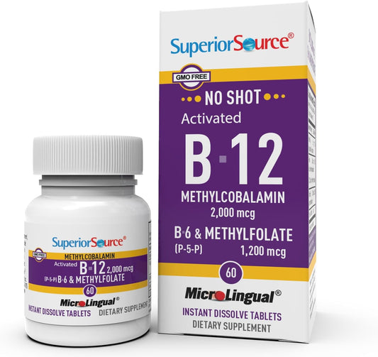 Superior Source No Shot Vitamin B-12 Methylcobalamin 2000 mcg, B-6, & Methylfolate 1200 mcg - Supports Energy, Brain, and Heart Health - Bariatric Friendly - 60 Sublingual Dissolving Tablets