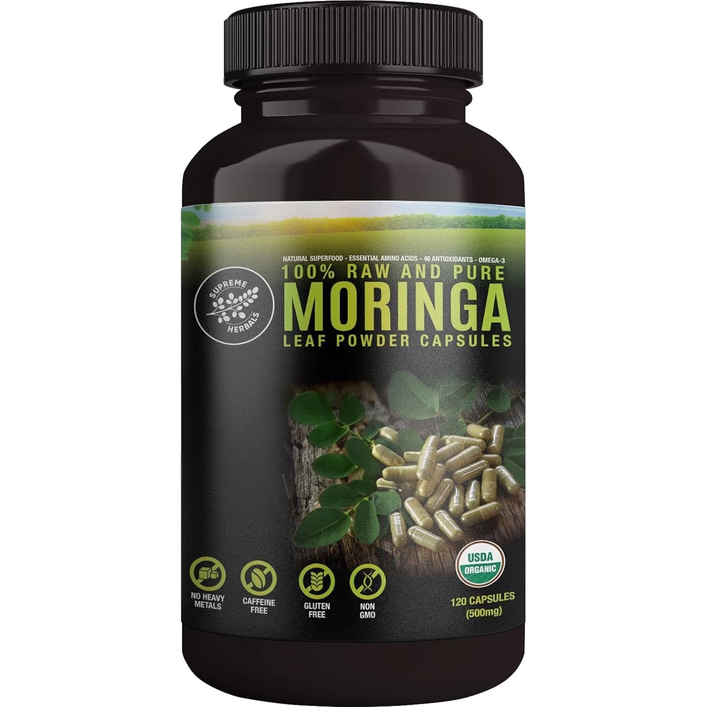 SUPREME HERBALS Moringa Leaf Capsules – 500mg, 120 Count | Organic Certified