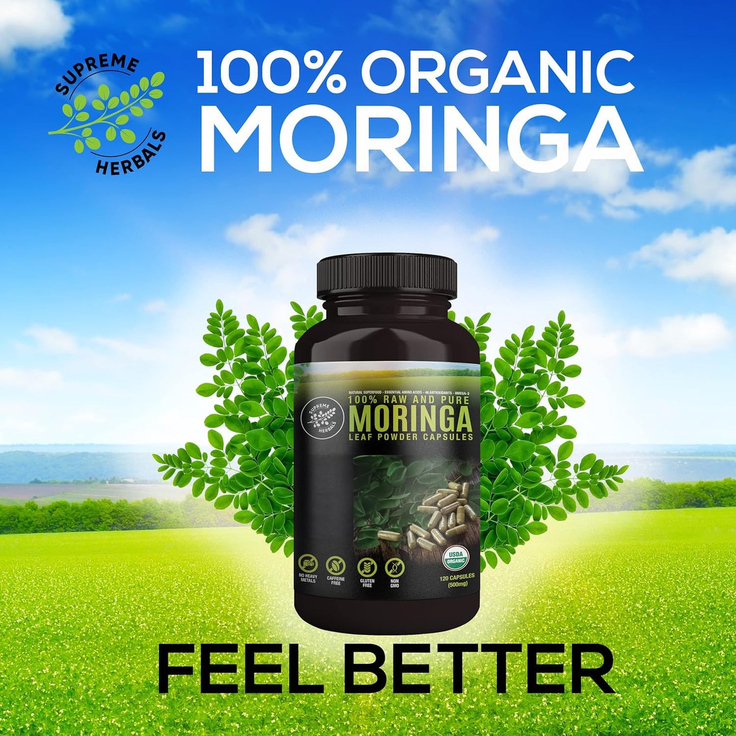 SUPREME HERBALS Moringa Leaf Capsules – 500mg, 120 Count | Organic Certified