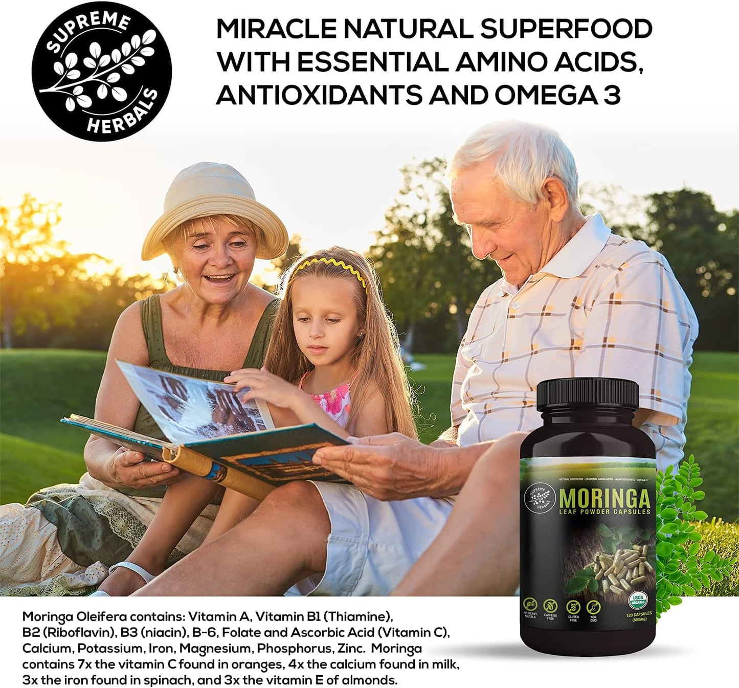 SUPREME HERBALS Moringa Leaf Capsules – 500mg, 120 Count | Organic Certified