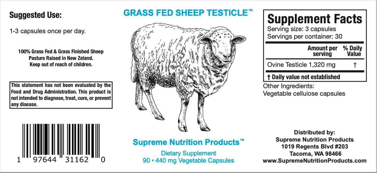 Supreme Nutrition Sheep Testicle — 100% Grass-Fed Ovine Testicle, 90 Capsules, New Zealand Finished