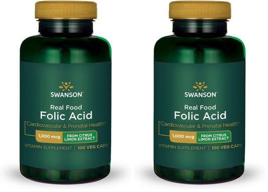 Swanson Real Food Folic Acid 1000 mcg Veggie Capsules – Prenatal Health (Vegan, Gluten-Free, Non-GMO) Pack of 2
