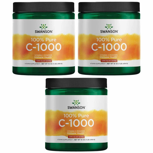 Swanson Vitamin C Powder 100% Pure Ascorbic Acid – Immune Support, Skin & Cardiovascular Health | 1000 mg per Serving, 1 lb, 3 Pack