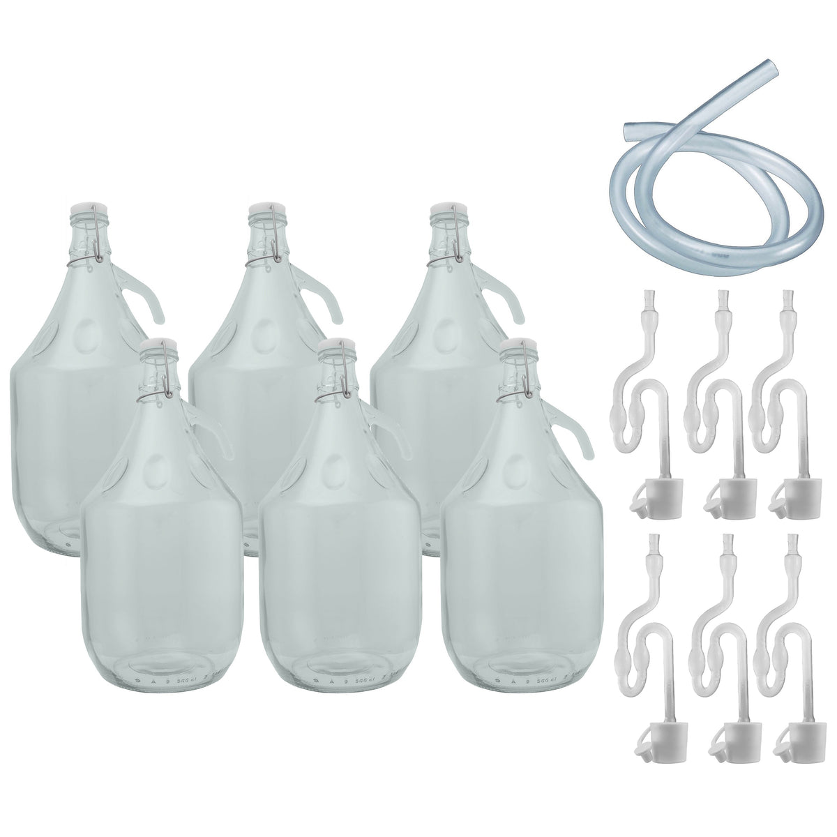 Glass Demijohn 5L 6 Pack Swing Top Cap, Airlock, Bung and Tube