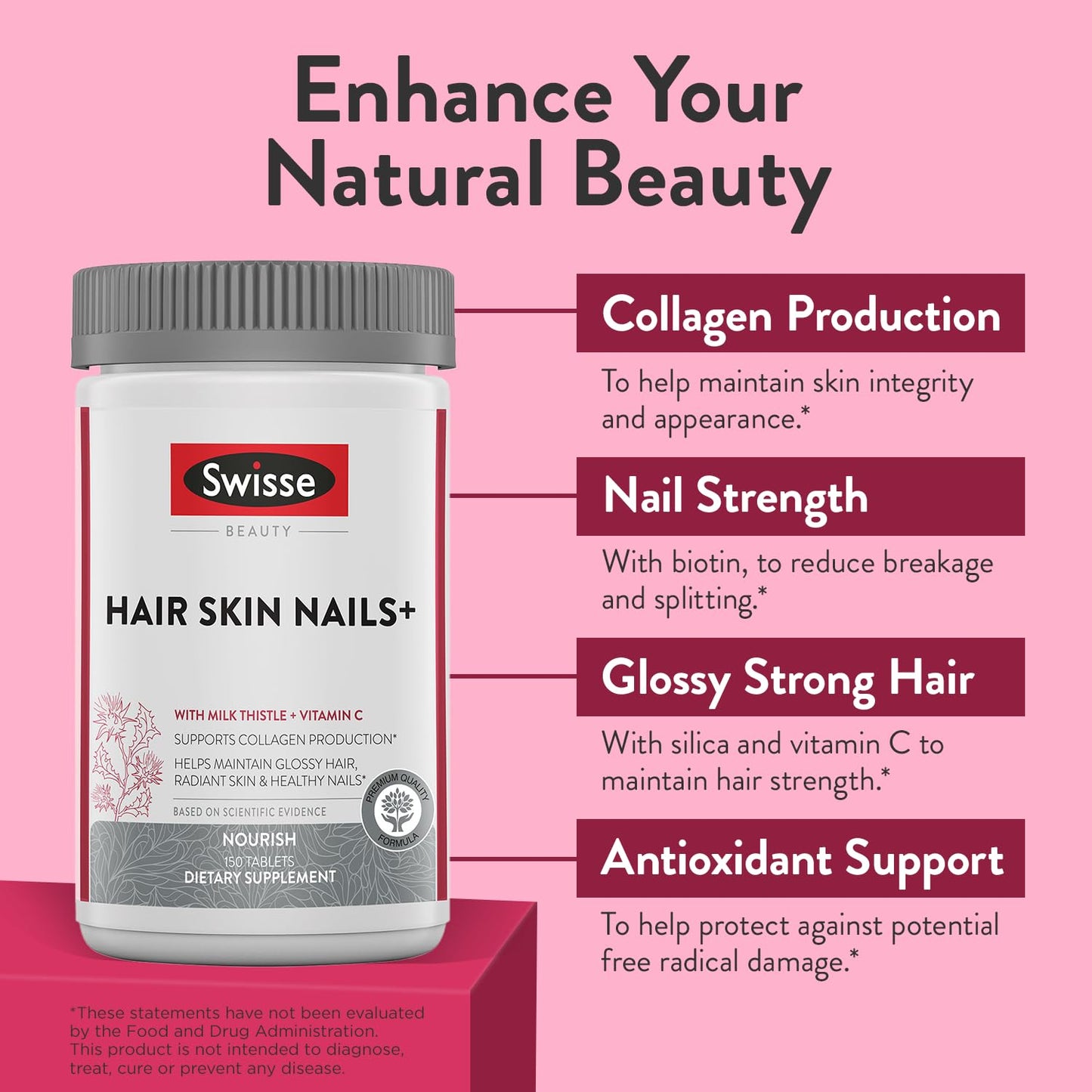 Swisse Biotin Hair Skin & Nails Supplement for Women & Men | 5 Months Supply | Milk Thistle, Biotin, Vitamin C, Zinc & Iron | Supports Hair Growth & Collagen Production | Collagen Supplement | 150 Tablets